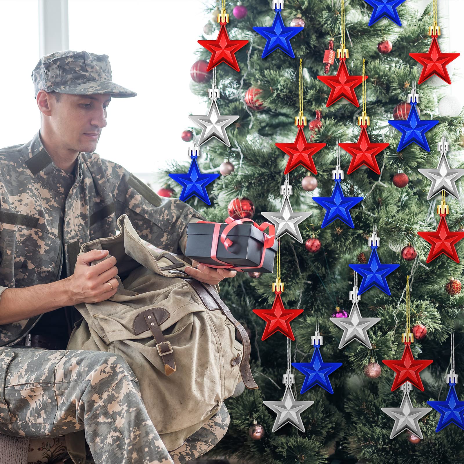 Cindeer 37 Pcs Patriotic Decorations Large America Flag Bow for Wreath 36 Pcs Patriotic Red White Blue Stars Ornaments Holiday T