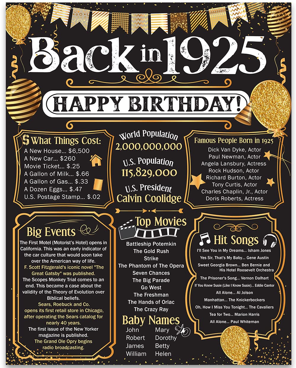 100th Birthday Party Decorations for 100th Birthday (One-hundred) - Remembering The Year 1925 Poster - Gifts for Men and Women T