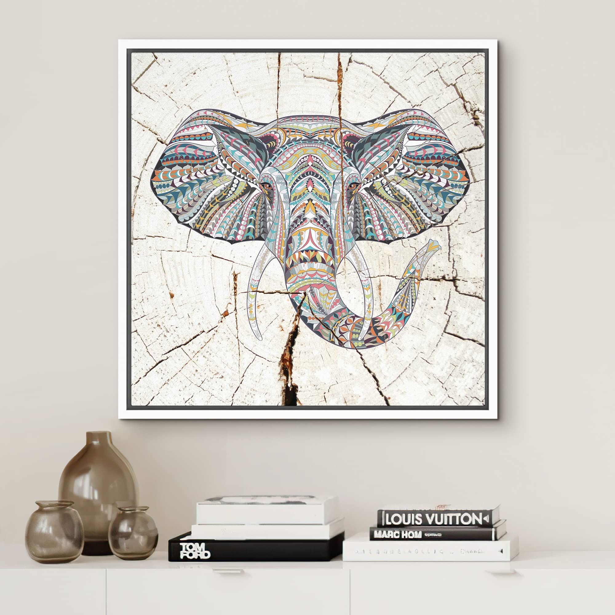 Wall26 Framed Canvas Print Wall Art Wood Ring Effect Tribal Pattern Elephant Animals Wildlife Wood Modern Art Farmhouse/Country