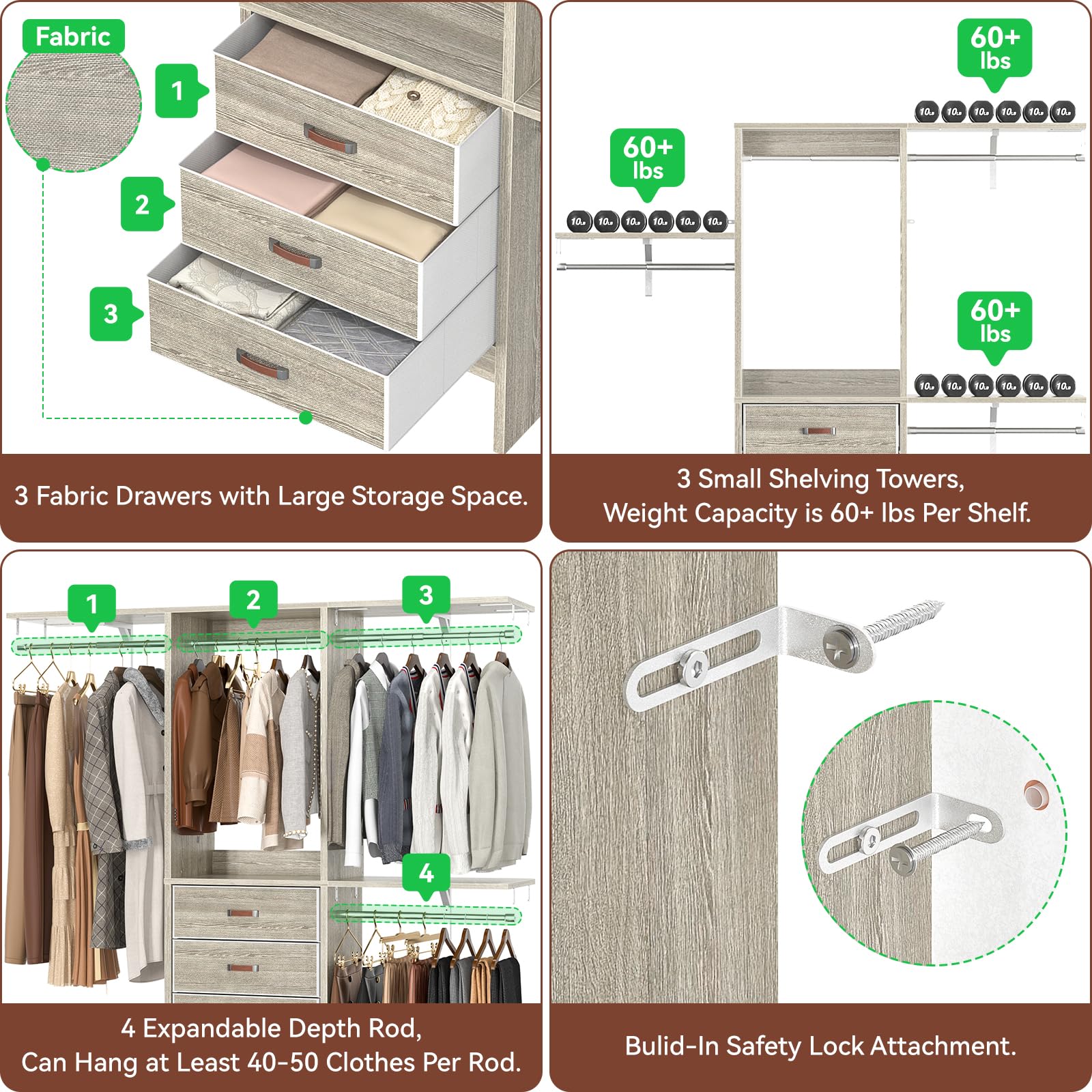 Armocity 5Ft Small Closet System With 3 Fabric Drawers, 60'' Walk In Closet Organizer System With 3 Adjustable Shelves, Heavy Du