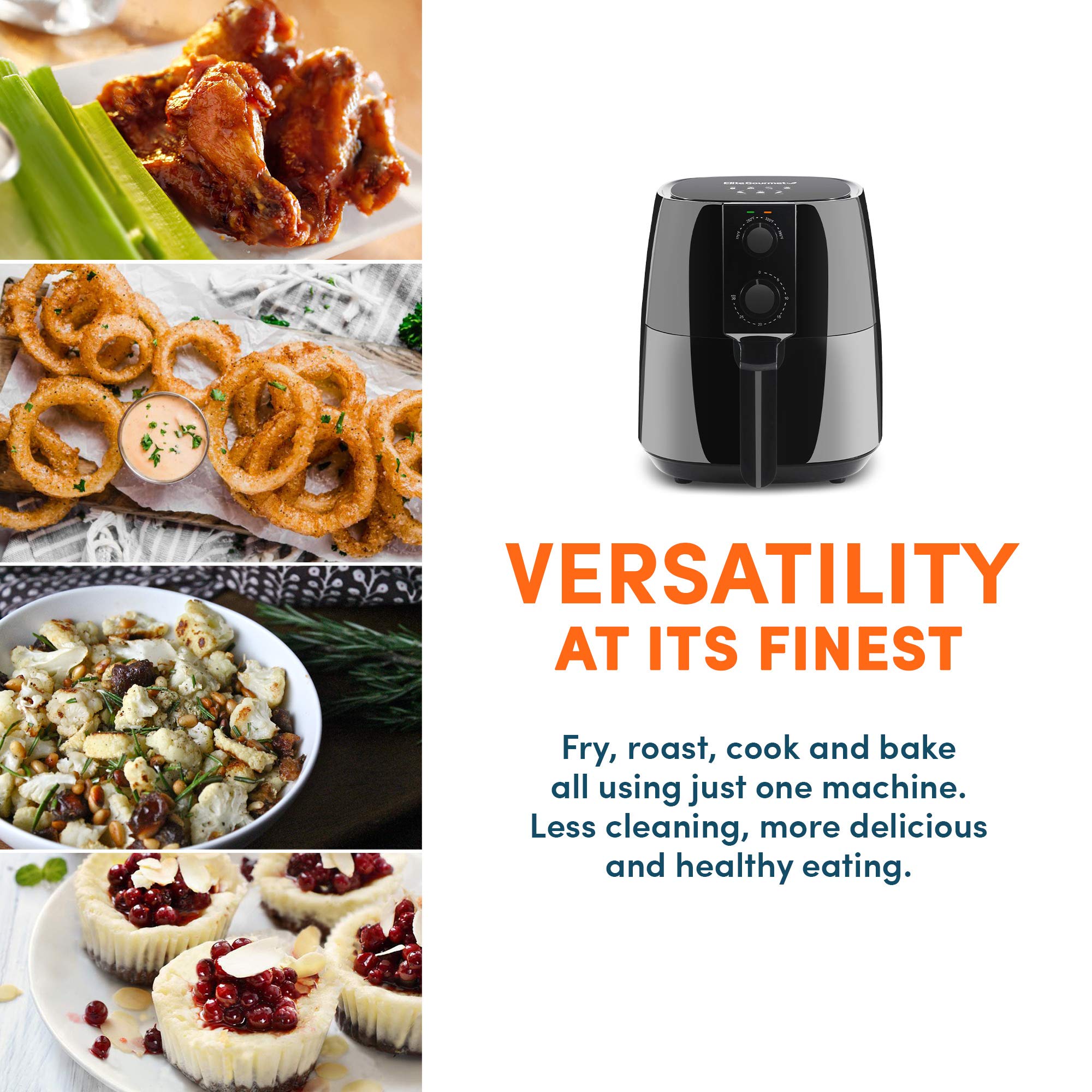 Elite Gourmet Eaf-4617X Electric Digital Hot Air Fryer, 1350Watts, Oil-Less Healthy Cooker, Timer & Temperature Controls, 4 Quar