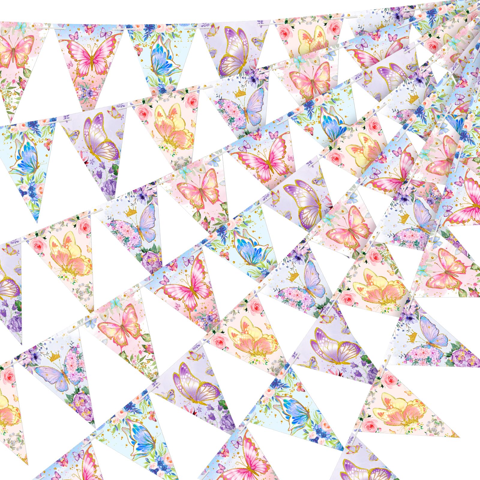 Weekgrat 5 Pieces 49 ft Butterfly Birthday Banner Decorations Butterfly Party Supplies Paper Flower Pennant Triangle for Baby Sh