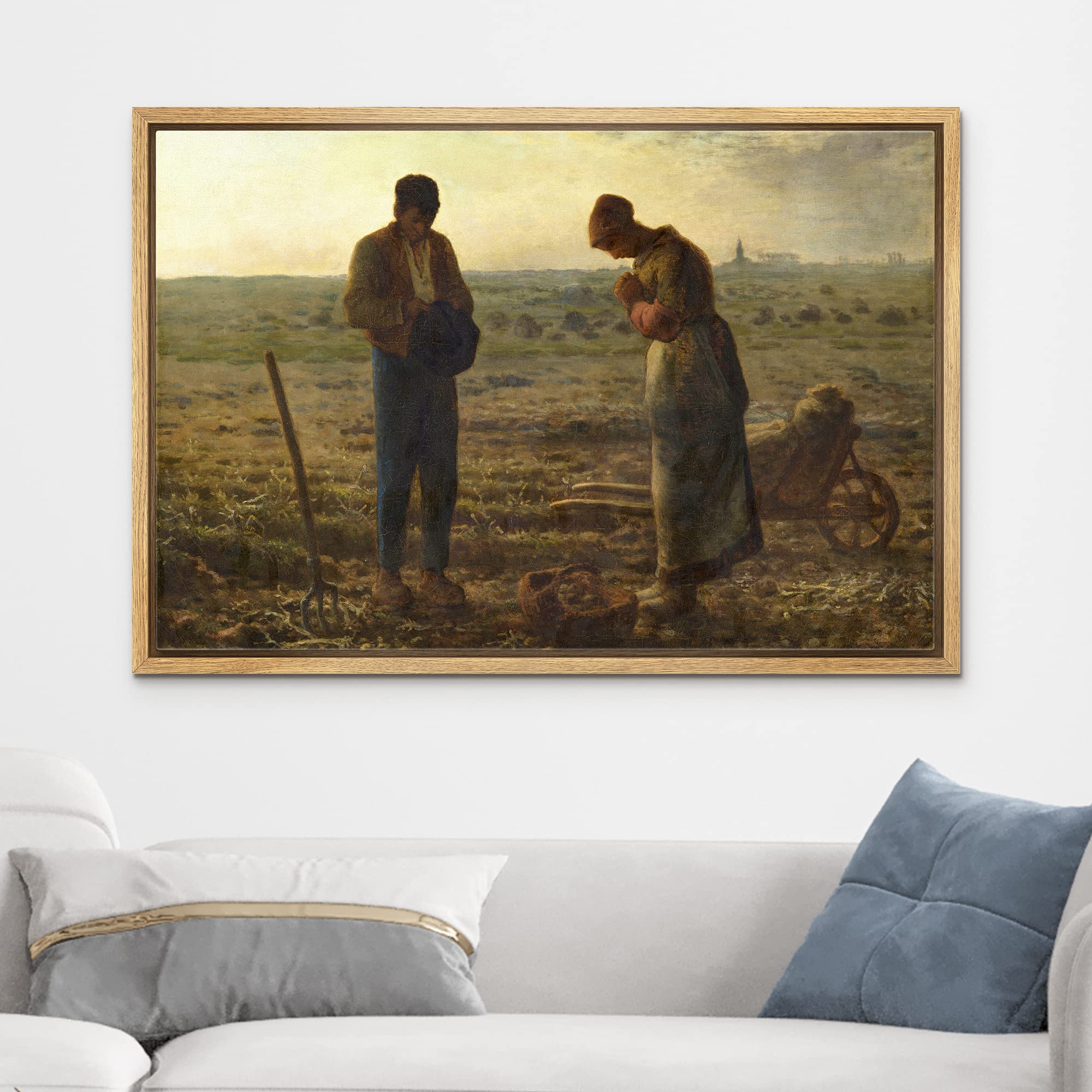 Wall26 - The Angelus By Jean-Francois Millet - Framed Canvas Print Wall Art Famous Painting Reproduction - 24''X36'' Natural