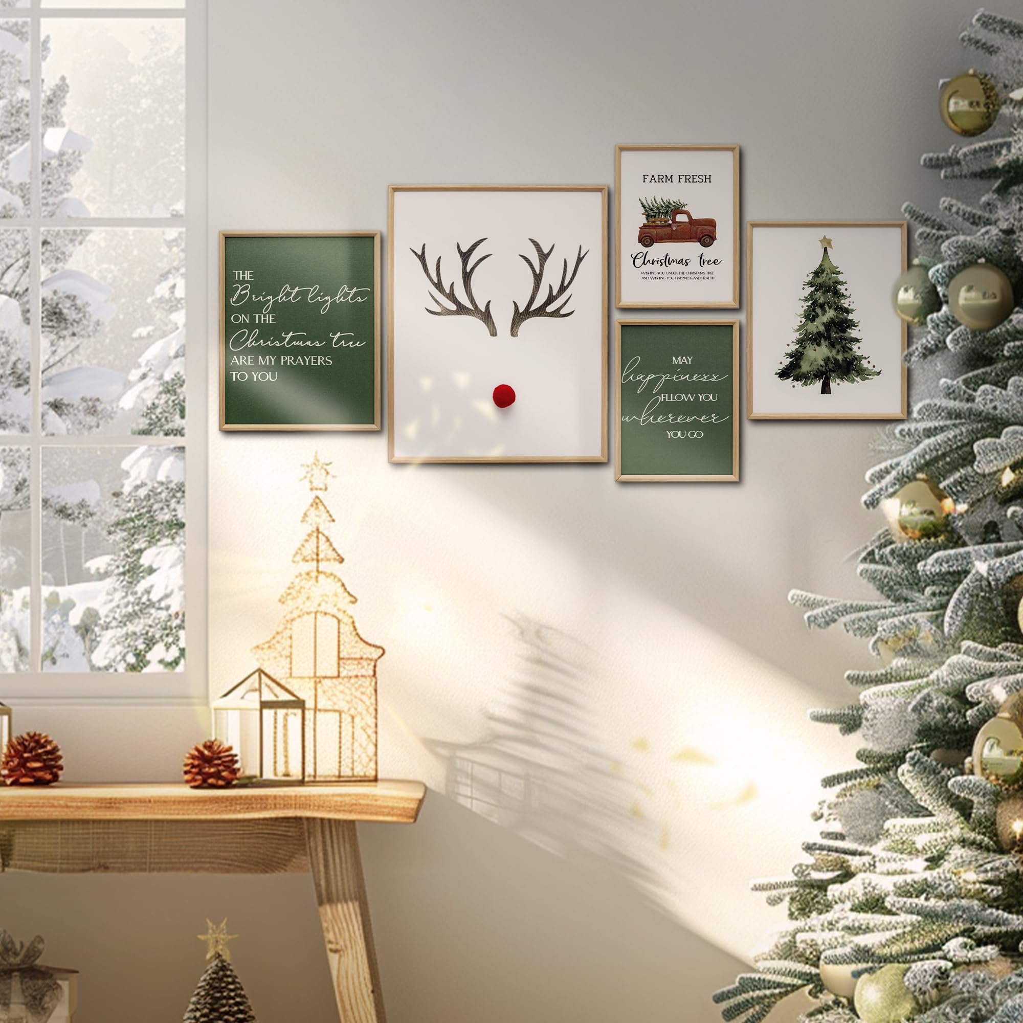 Artbyhannah Christmas Canvas Wall Art, Framed Christmas Wall Decor With 3D Reindeer Nose, 5 Pack Indoor Christmas Decorations Wi