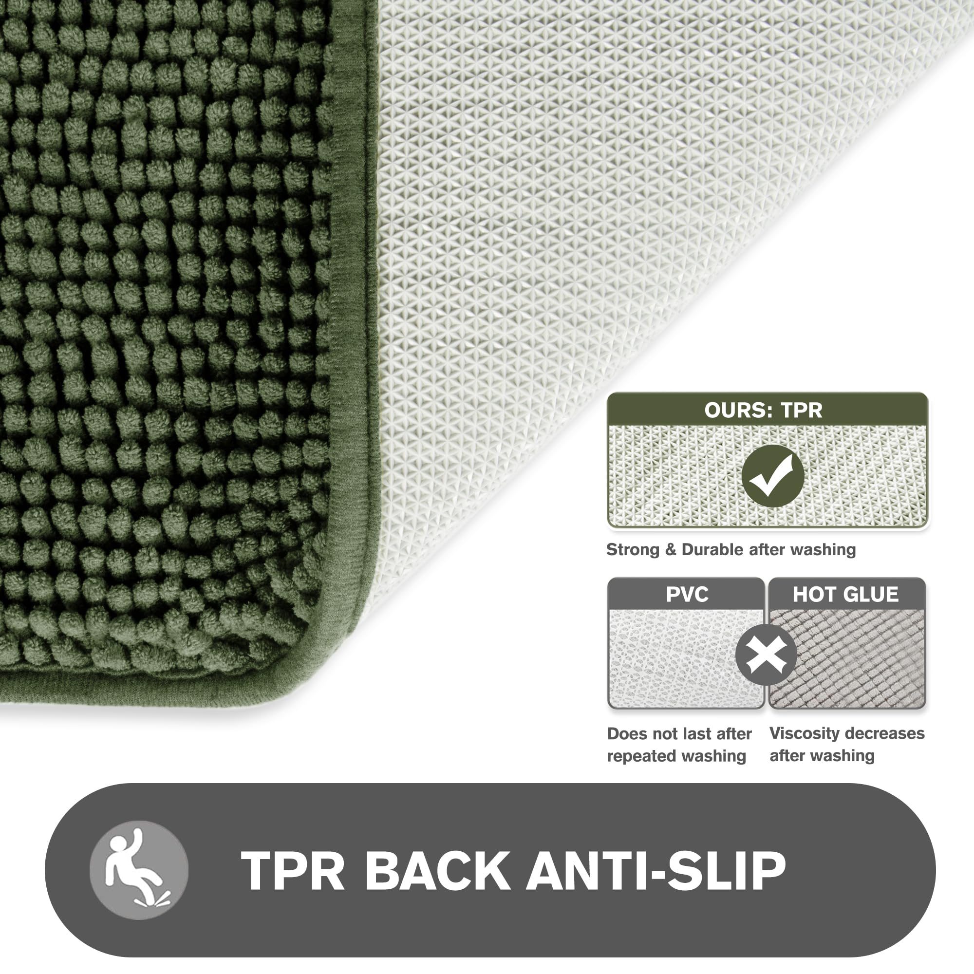 Pureswan Olive Green 47 X 17 Bathroom Rugs - Absorbent And Washable Bath Mat, Non-Slip, Thick Soft Chenille Bath Rugs For Bathro