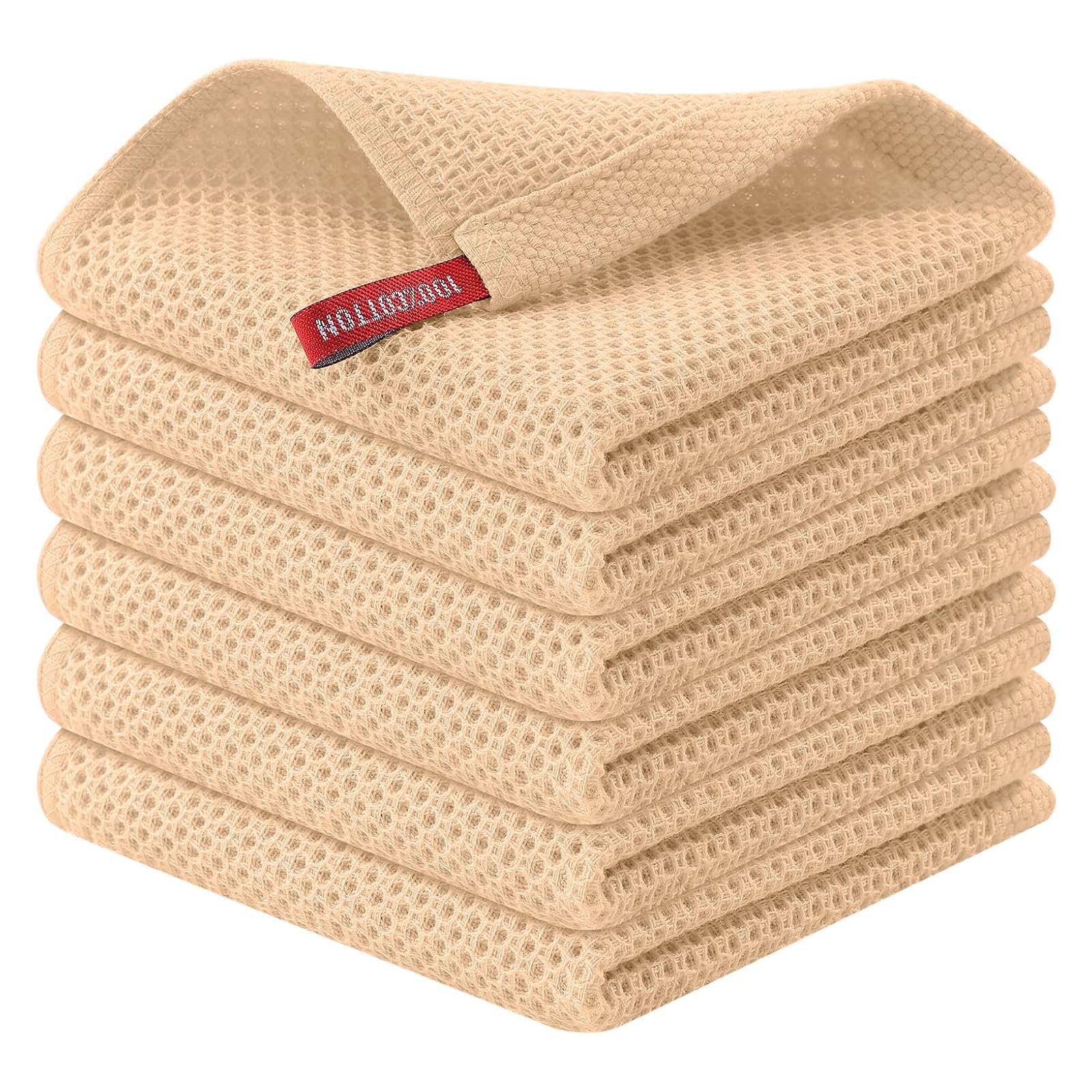 Kitinjoy 100% Cotton Kitchen Dish Cloths (12 X 12 Inches, Apricot),6 Pack Waffle Weave Ultra Soft Absorbent Dish Towels for Dryi
