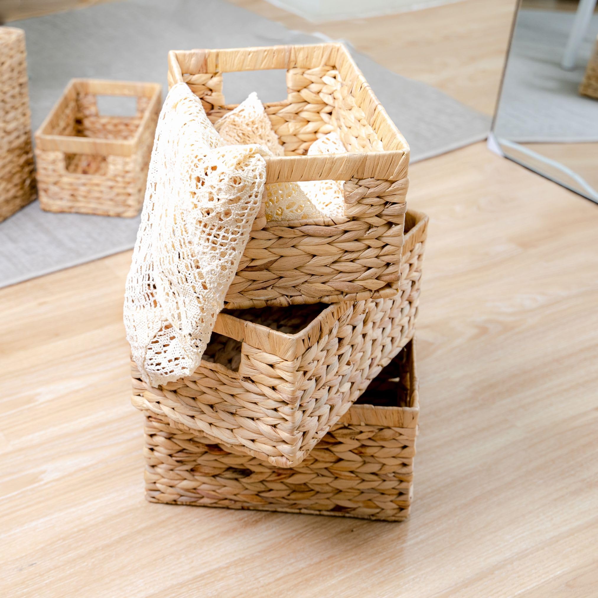 Set Of 3 Wicker Storage Basket, Water Hyacinth Storage Baskets, Wicker Storage Baskets For Shelves, Wicker Baskets For Storage,