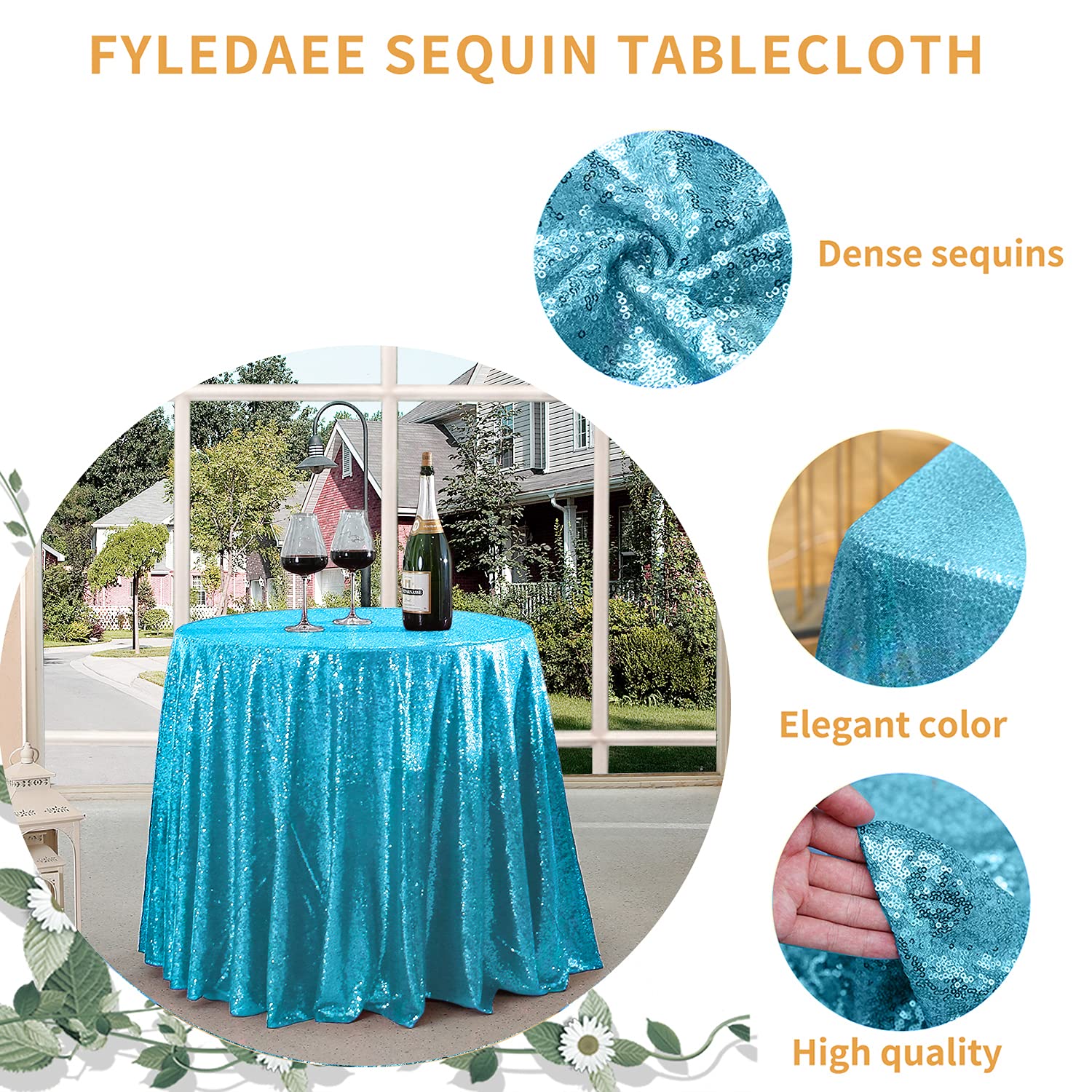 Fyledaee Turquoise Sequin Tablecloth Round 108 Inch Glitter Shimmer Tablecloth For Wedding Baby Shower Birthday Christmas Holida