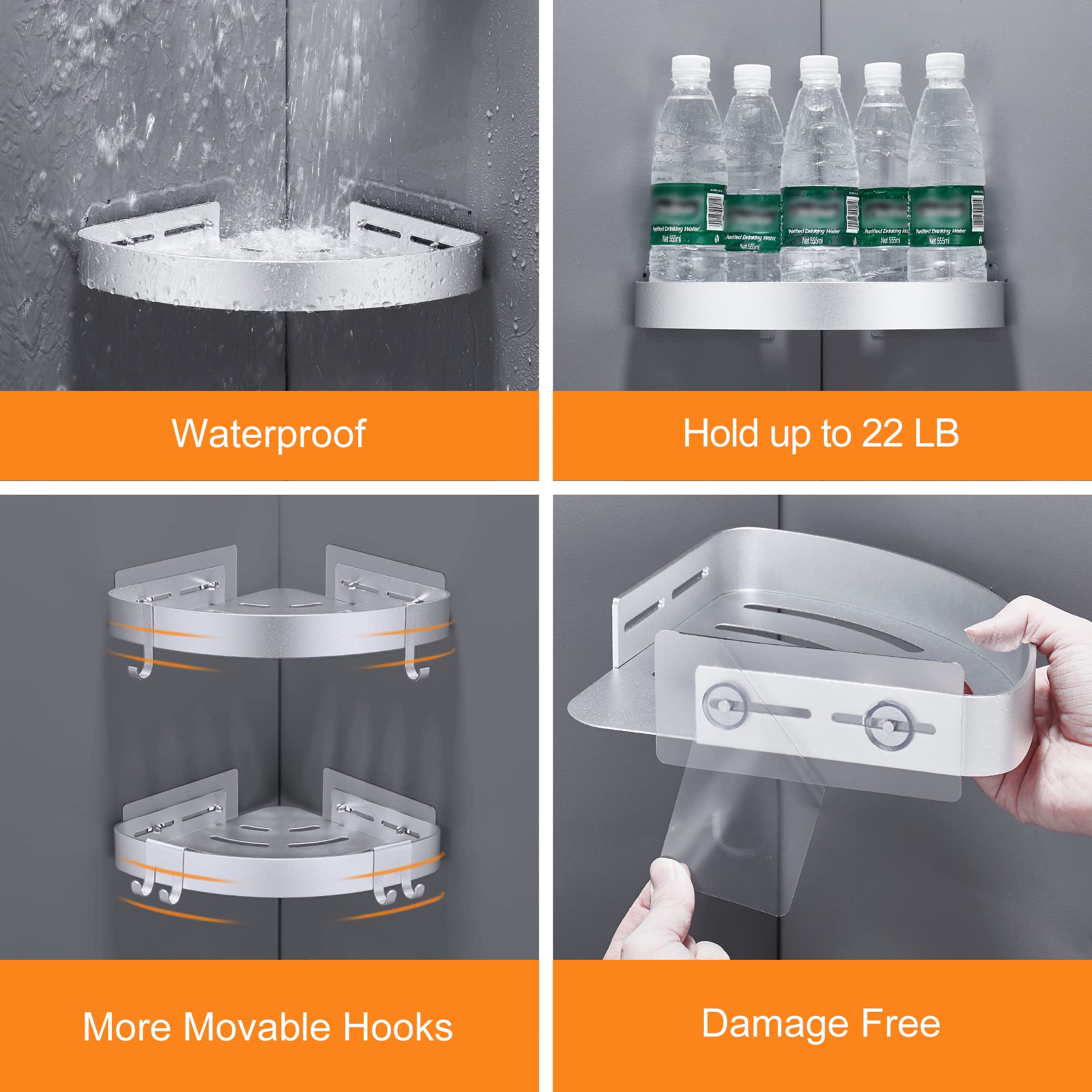 Dufu Adhesive Corner Shower Caddy With Hooks,Bathroom Shower Organizer, No Drilling Rust Proof Aluminum Shower Shelf For Inside