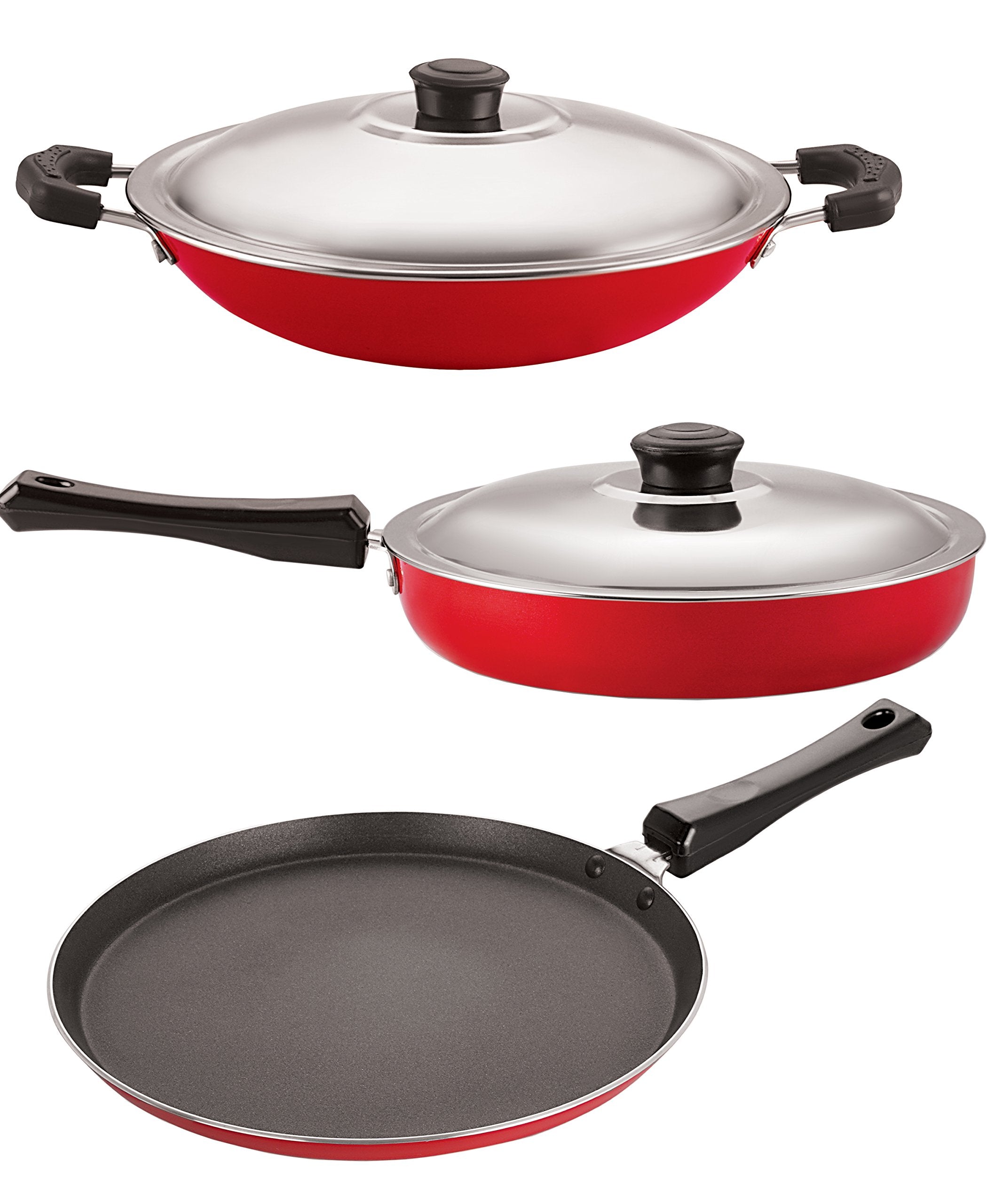 Nirlon NonStick Coating Fry Pan, Appachatti With Lid And Flat Tawa Combo Set
