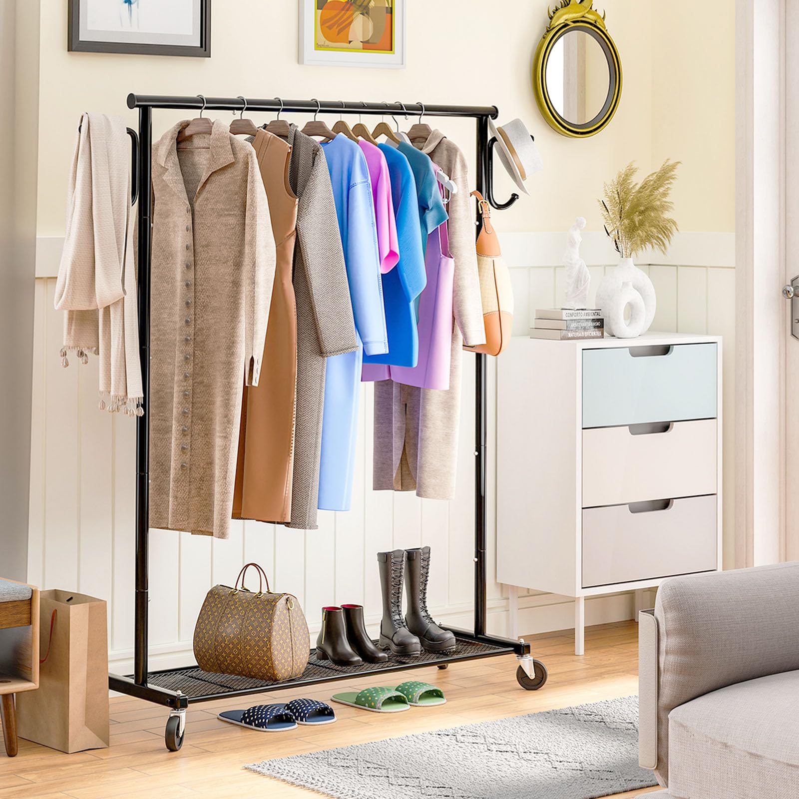 Ekisemio Clothing Garment Rack On Wheels, Heavy Duty Clothes Organizer With Bottom Mesh Shelf For Hanging Clothes, Side With 2 H