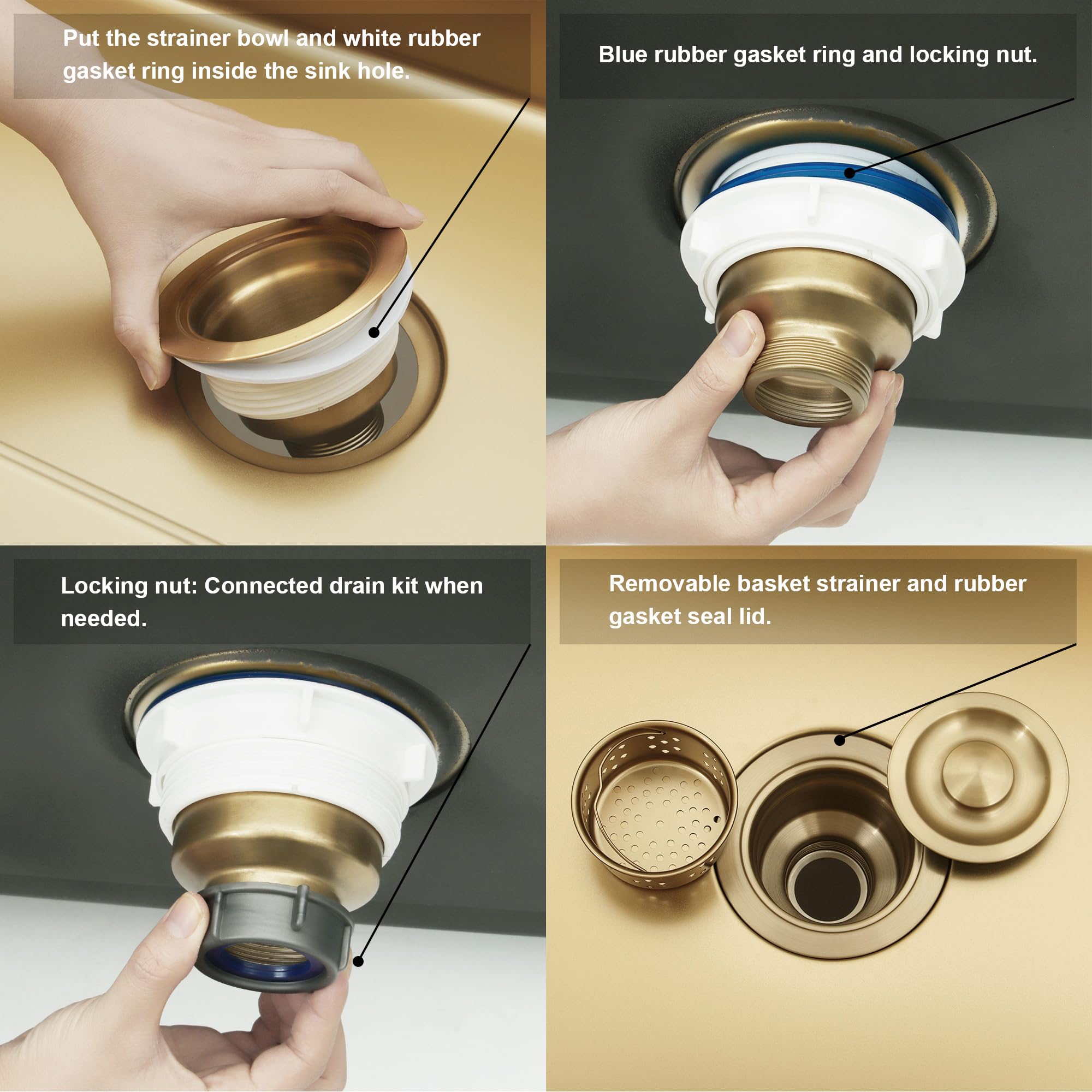 LQS Kitchen Sink Drain Strainer Assembly  Sink drain 304 Stainless Steel with Removable Deep Waste Basket and Sealing Lid 3-1/2-inch Golden