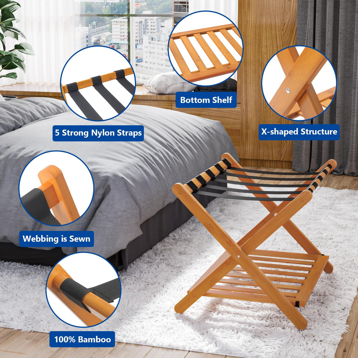 Smuxee Fully Assembled Honey Luggage Racks Pack Of 2, Upgraded Bamboo ...