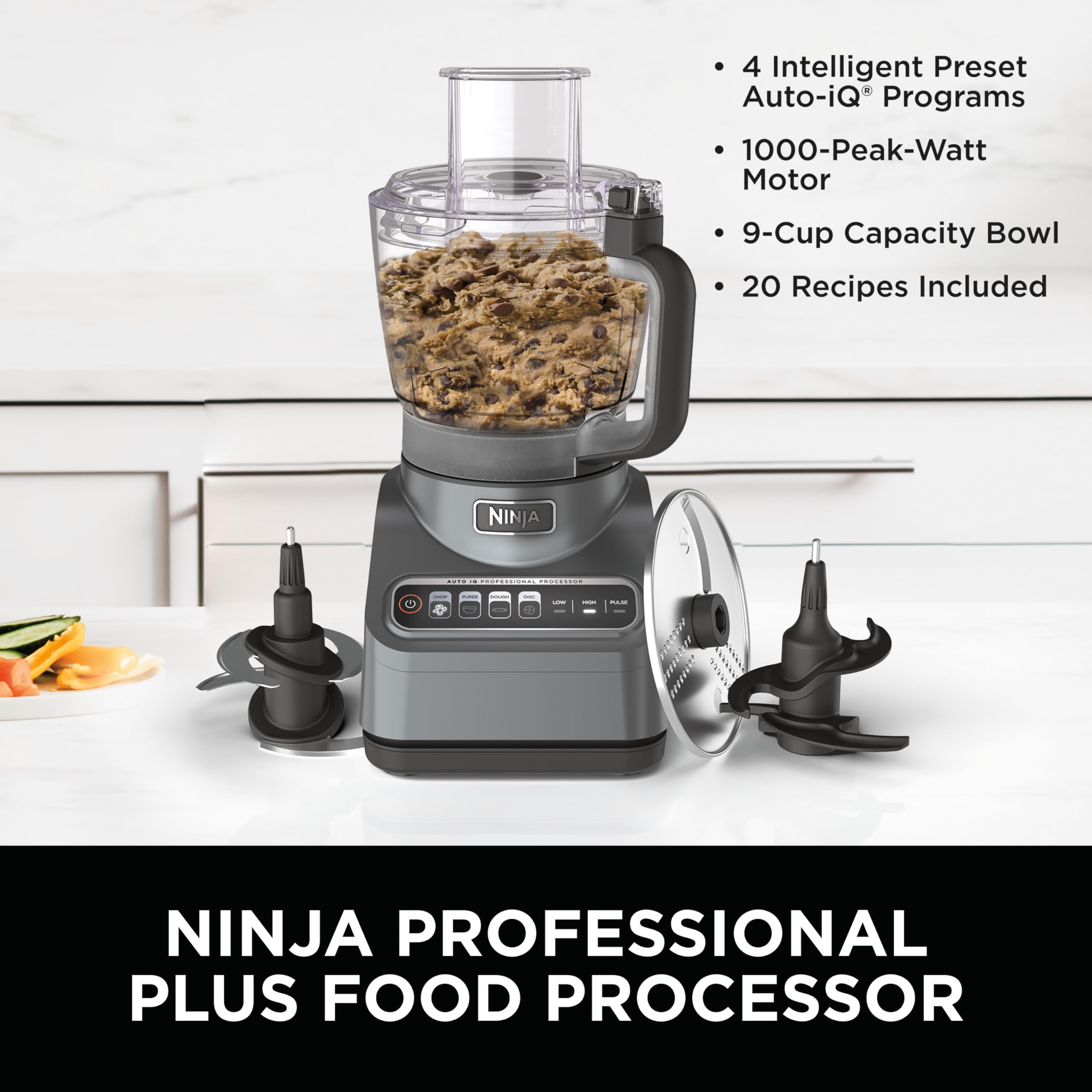 Ninja BN601 Professional Plus Food Processor, 1000 Peak Watts, 4 Functions for Chopping, Slicing, Purees & Dough with 9-Cup Proc