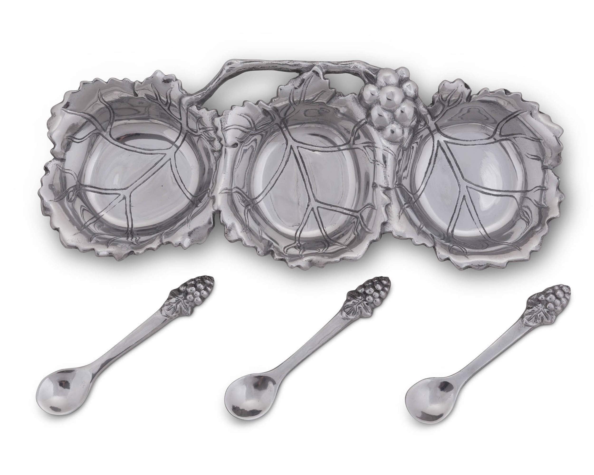 Arthur Court Designs Aluminum 3 Bowl Grape Condiment Server With Serving Spoons 13 Inch Across