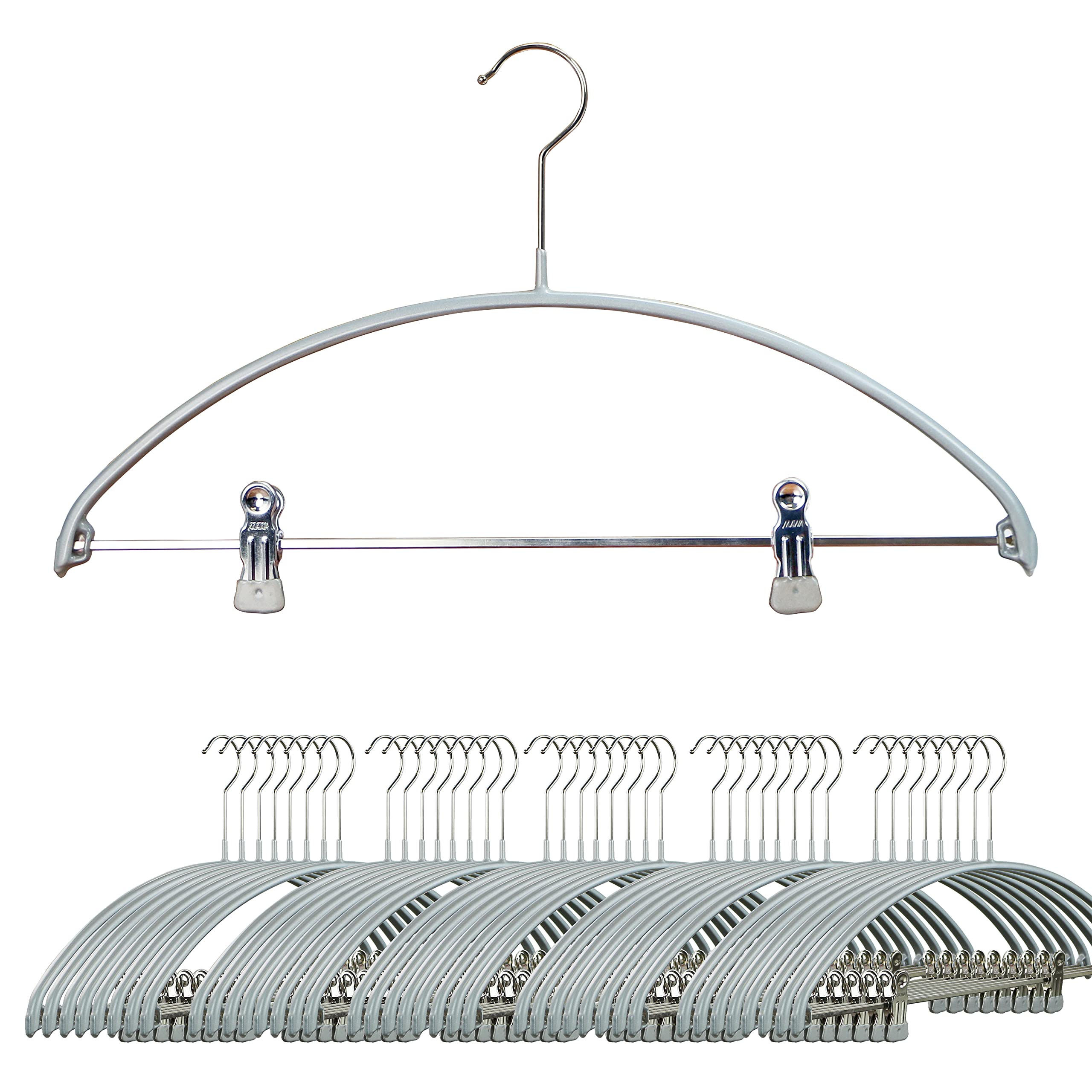 Mawa By Reston Lloyd European Non-Slip Metal Clothing Hanger, Smooth Shoulder Support & Adjustable Pant Clips, Set Of 70, Silver