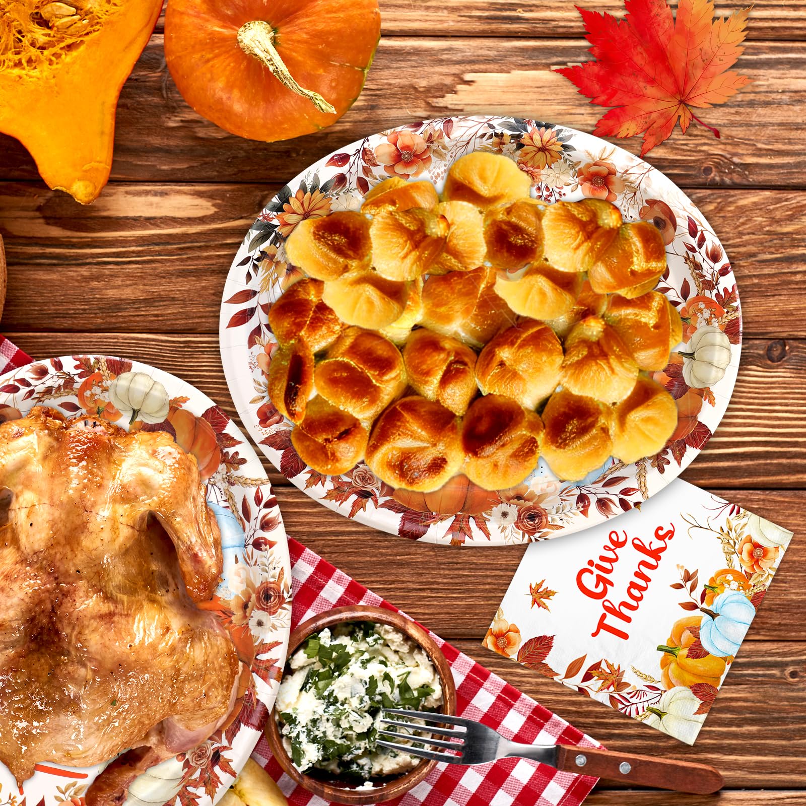 WorldBazaar 72 Pcs Thanksgiving Oval Paper Plates and Napkins Fall Party Essentials Party Supplies Fall Large Paper Plates Dispo