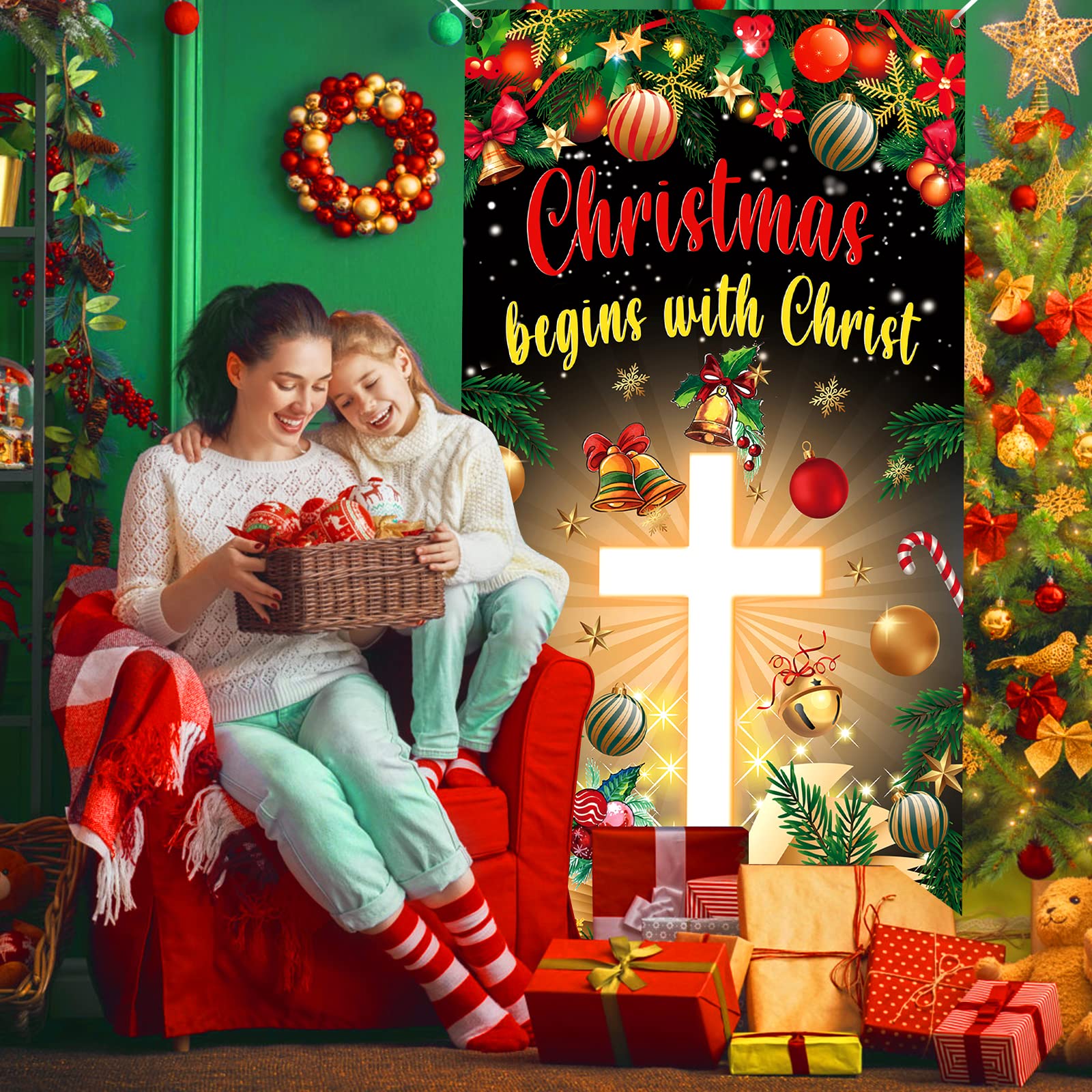 Christmas Cross Door Cover Nativity Cross Religious Door Decorations Banner Christmas Begins With Christ Porch Sign Photo Backdr