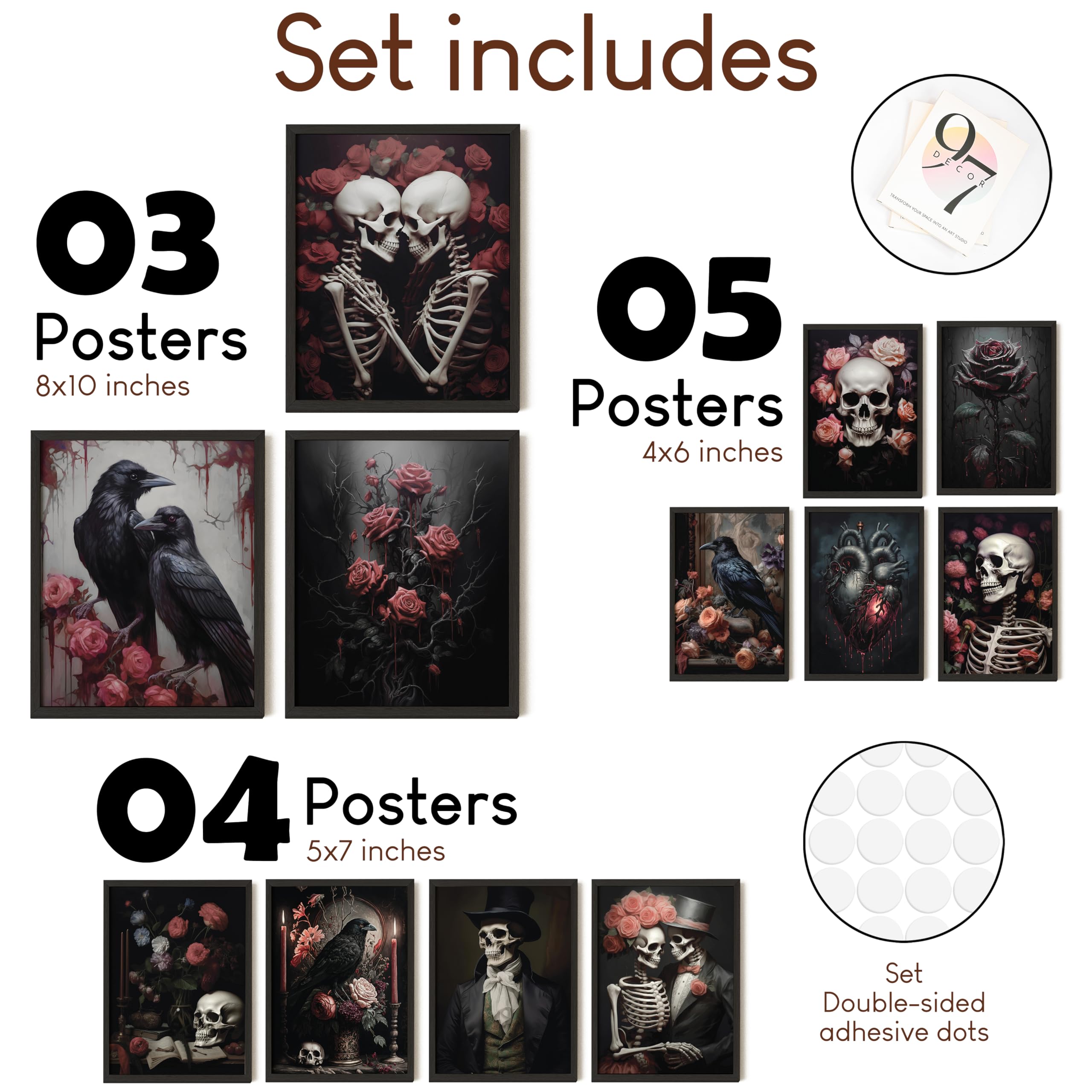 97 Decor Romantic Gothic Wall Art - Goth Wall Decor, Floral Gothic Decor For Bedroom, Goth Wall Art Prints, Dark Raven Skull Pos