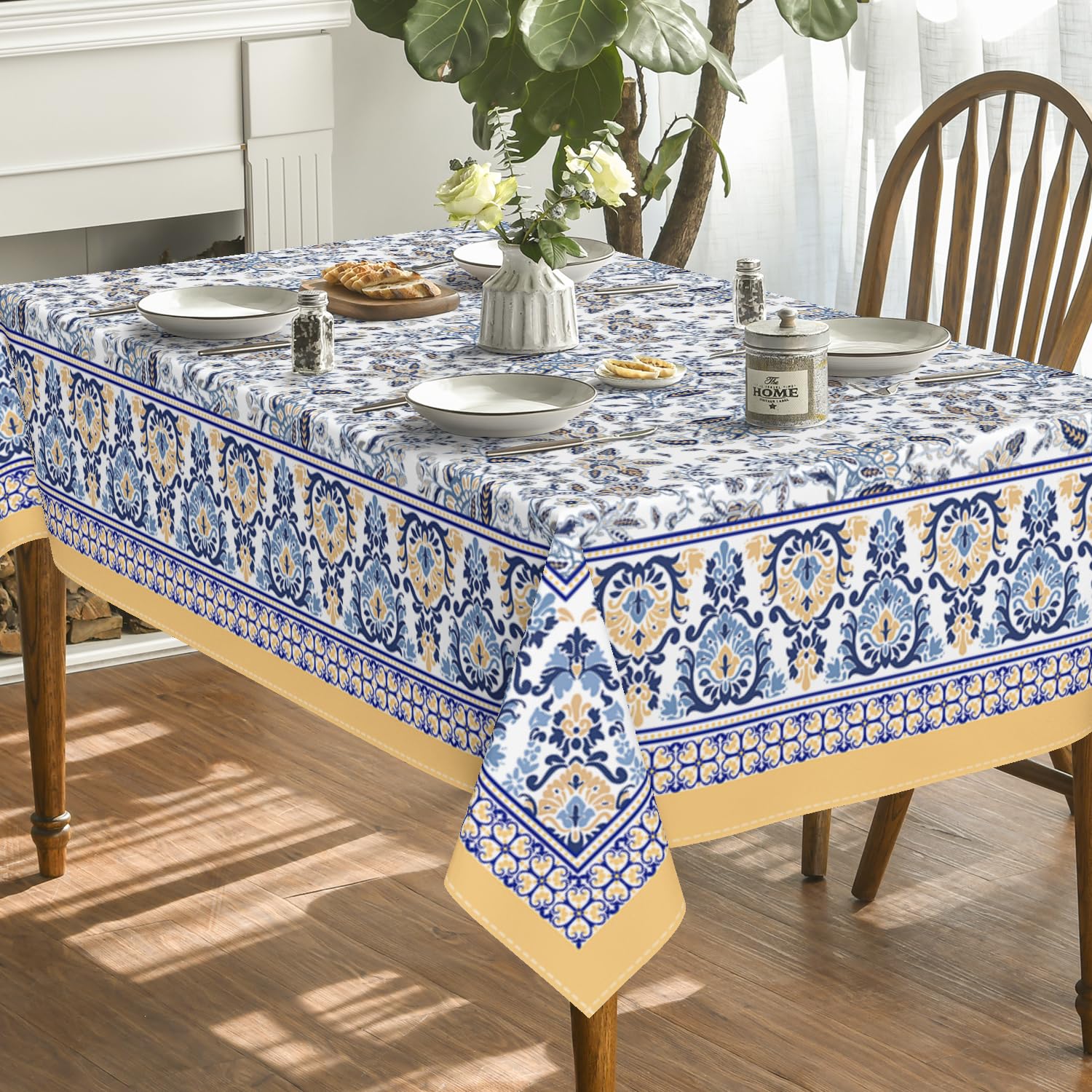Horaldaily Arabesque Rectangular Tablecloth 60  84 Inch, Yellow And Blue Floral Rustic Washable Table Cover For Party Picnic Din