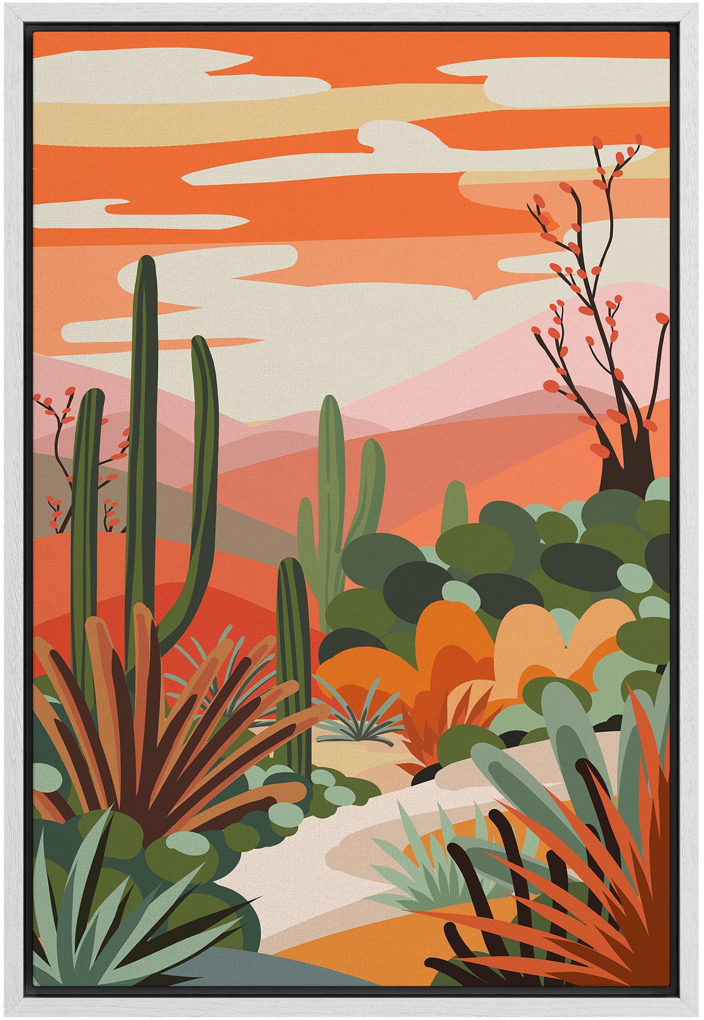 Signford Framed Canvas Print Wall Art Cactus Desert Mountain Range Nature Wilderness Illustrations Modern Art Decorative Rustic