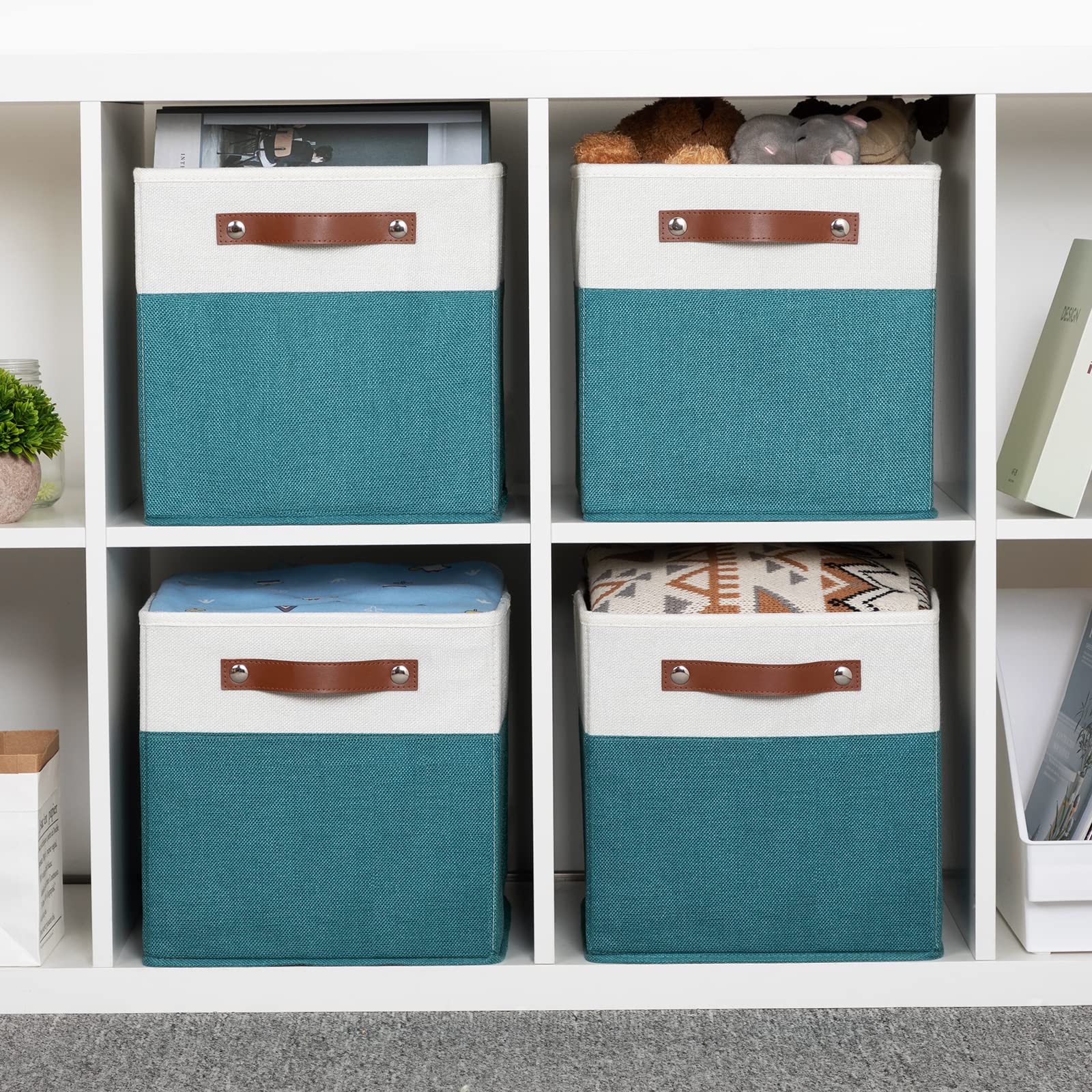 HNZIGE Storage Cubes Bins for Organization Set of 4  Fabric Storage Cube 12 x12  Collapsible Storage Bins Basket Cube with Handles  Canvas for Organizing Shelf Home Nursery(Teal White)
