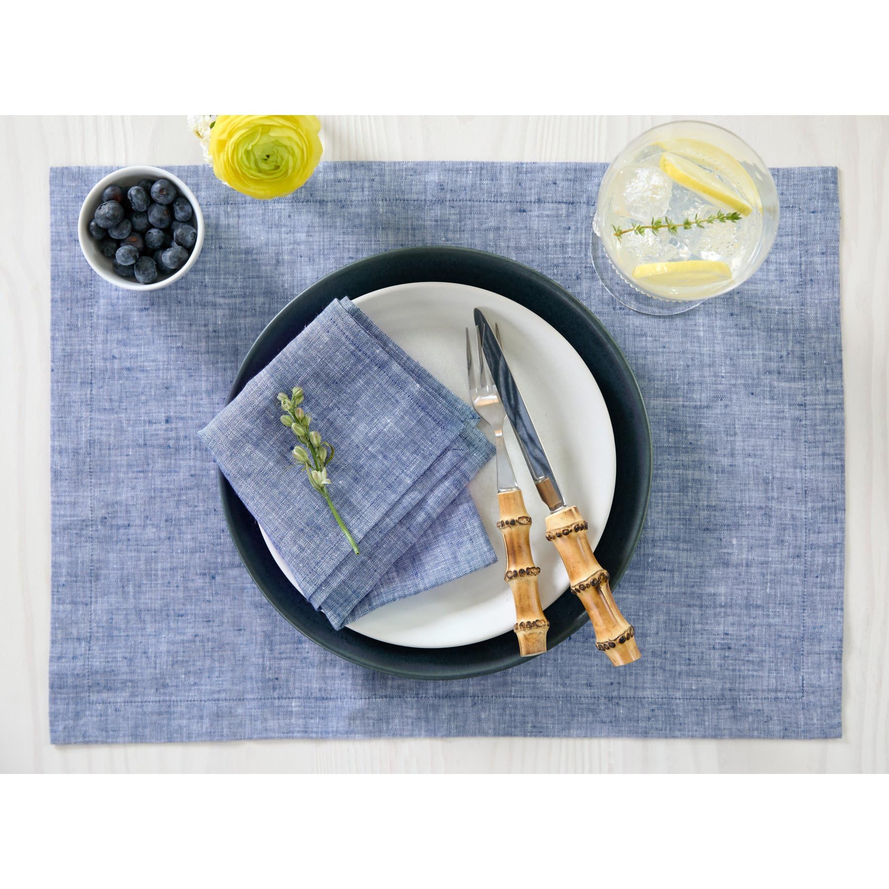 Solino Home Linen Placemats 19'' L X 14'' W Inch - 100% Pure Linen Chambray Indigo Cloth Placemats Set Of 4 - Athena, Washable F