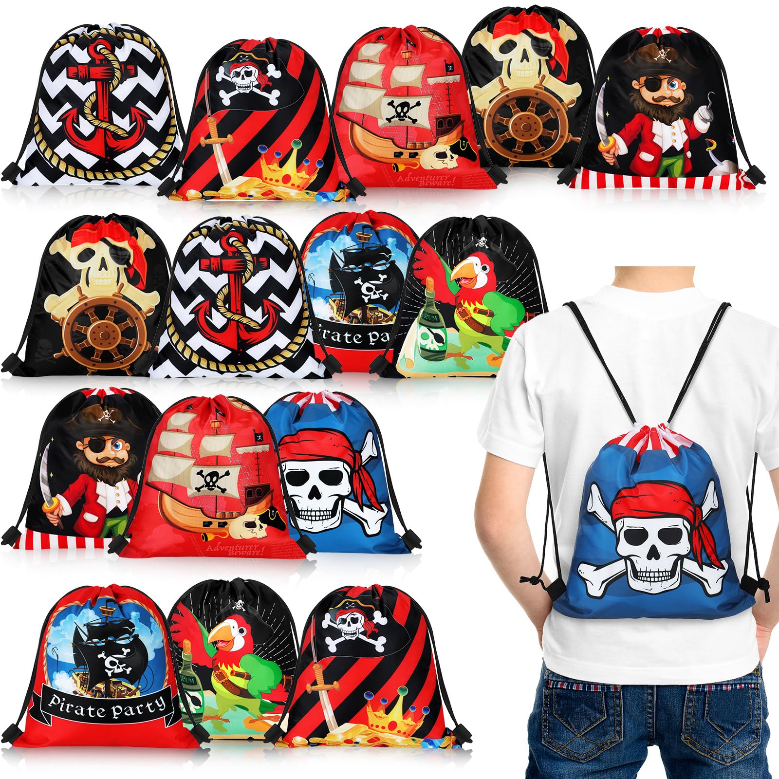Woanger 16 Pcs Pirate Party Favor Bags Pirate Drawstring Bags For Kids Captain Skull Party Goodie Gift For Halloween Cosplay Adv
