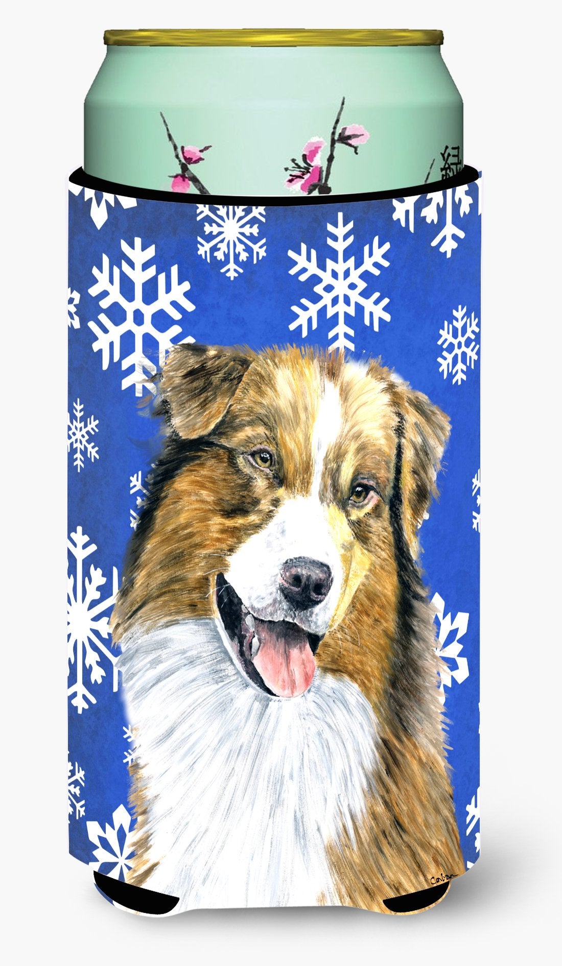 Australian Shepherd Winter Snowflakes Holiday  Tall Boy Beverage Insulator Beverage Insulator Hugger