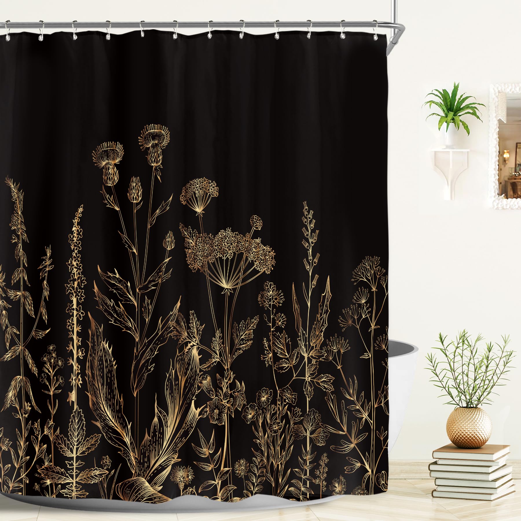 Riyidecor Black Gold Dark Floral Wildflower Shower Curtain For Bathroom Decor 72Wx72H Rustic Botanical Herbs Plant Leaves Vintag