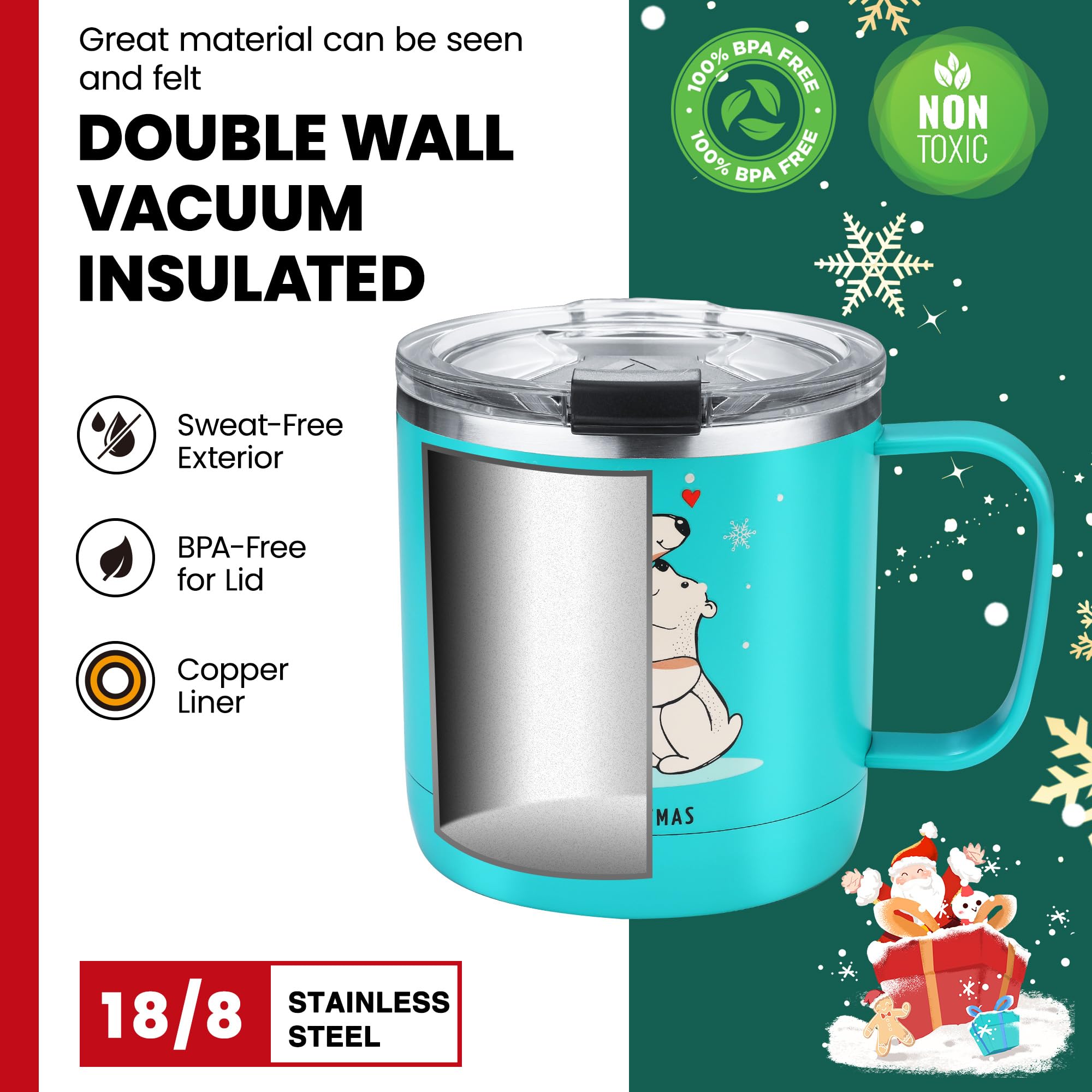 HAUSHOF 14oz Christmas Mug, Stainless Steel Coffee Mugs with Lid and Handle, Insulated Coffee Cups, Ideal Christmas Gifts for Mo