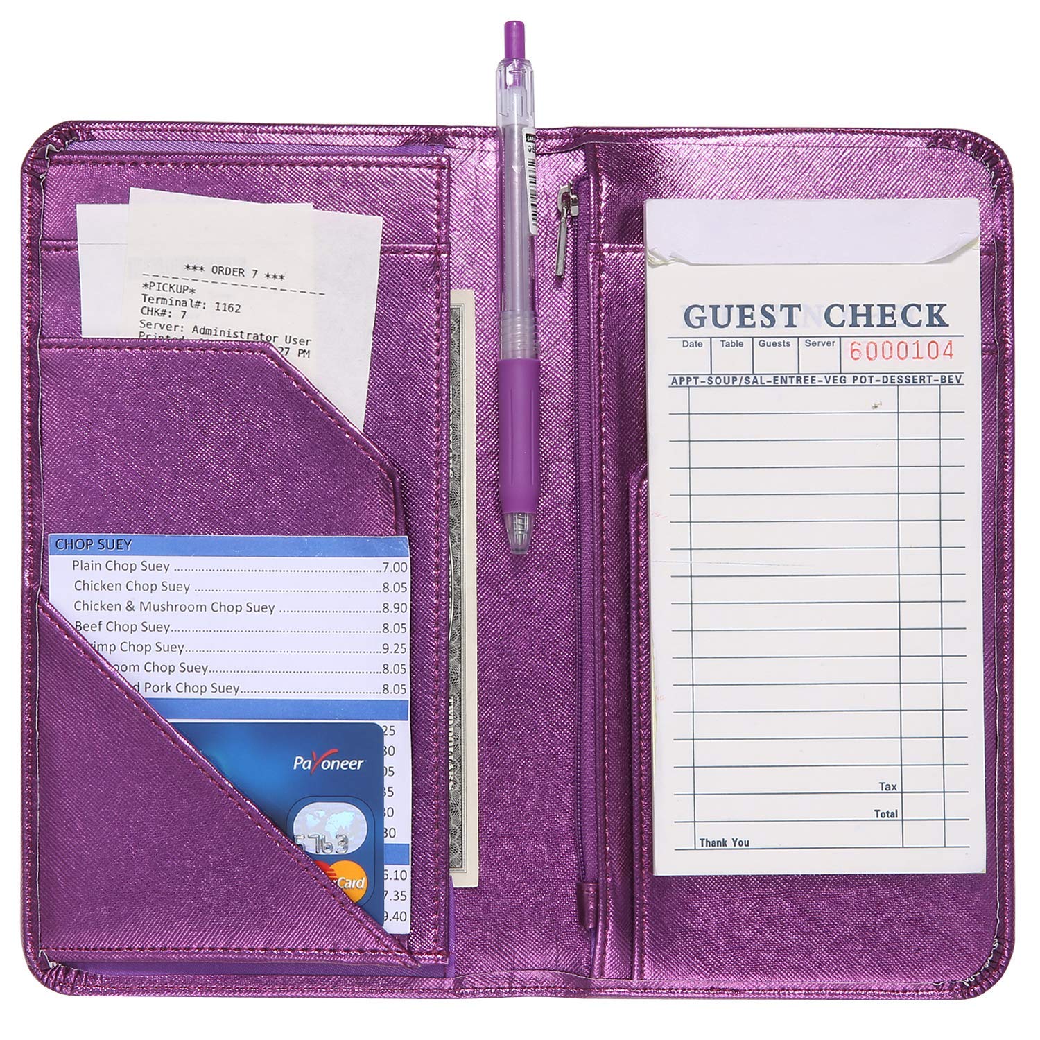 Mymazn 4.7 X 9 Metallic Purple Server Book With Zipper Pocket Bling Waitress Book With Money Pocket And Magnetic Closure, Restau
