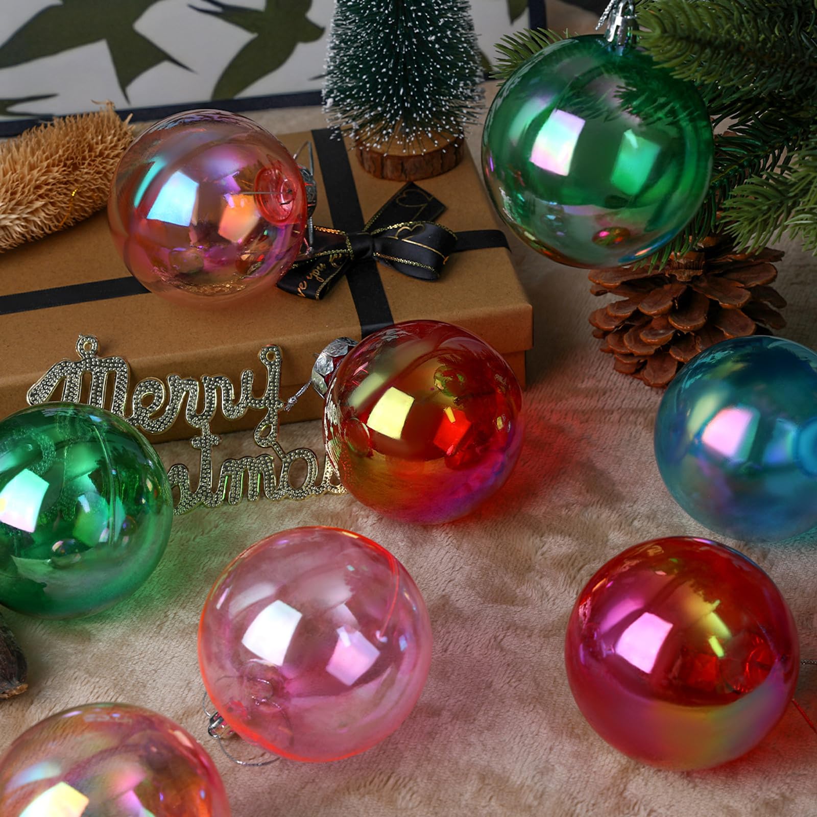 Neioaas 60MM Iridescent Plastic Ball - 6PCS Xmas Ornament Balls Set, Plastic Iridescent Decorative Hanging Ornaments for Xmas Tr