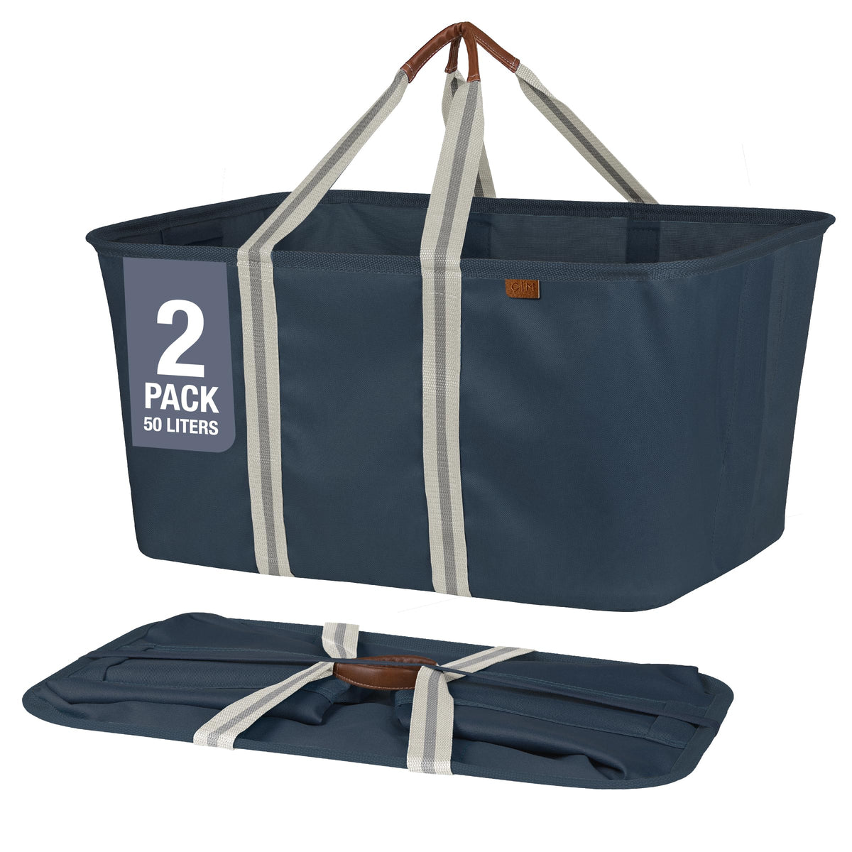 Clevermade Collapsible Laundry Tote Luxe, Navy Noir/Cream 2Pk - 50L (13 Gal) Collapsible Laundry Baskets With Sturdy Pop-Up Wire