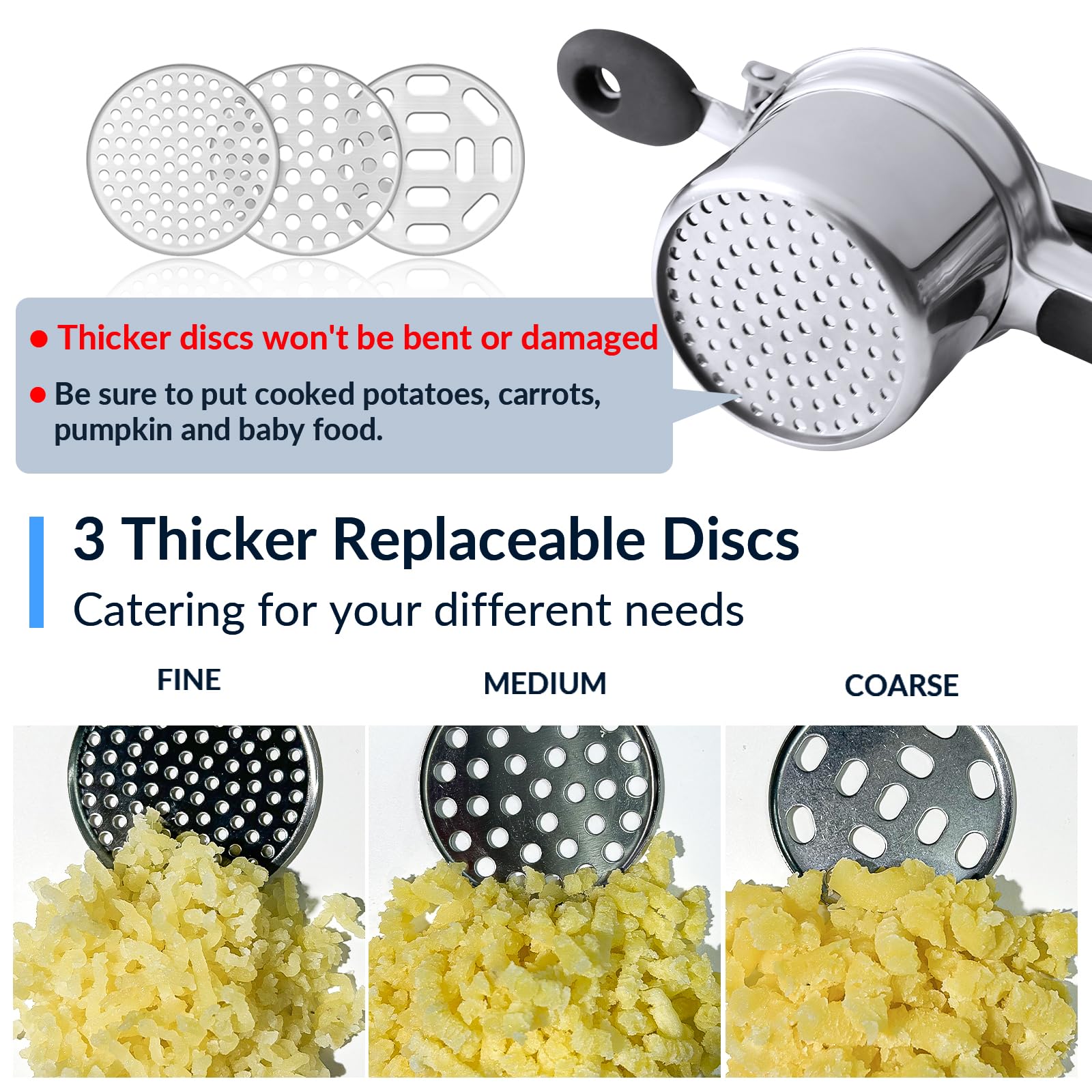 Potato Ricer, Ricer For Mashed Potatoes, Heavy Duty Potato Ricer Stainless Steel For Fluffy Mashed Potatoes, 3 Interchangeable D