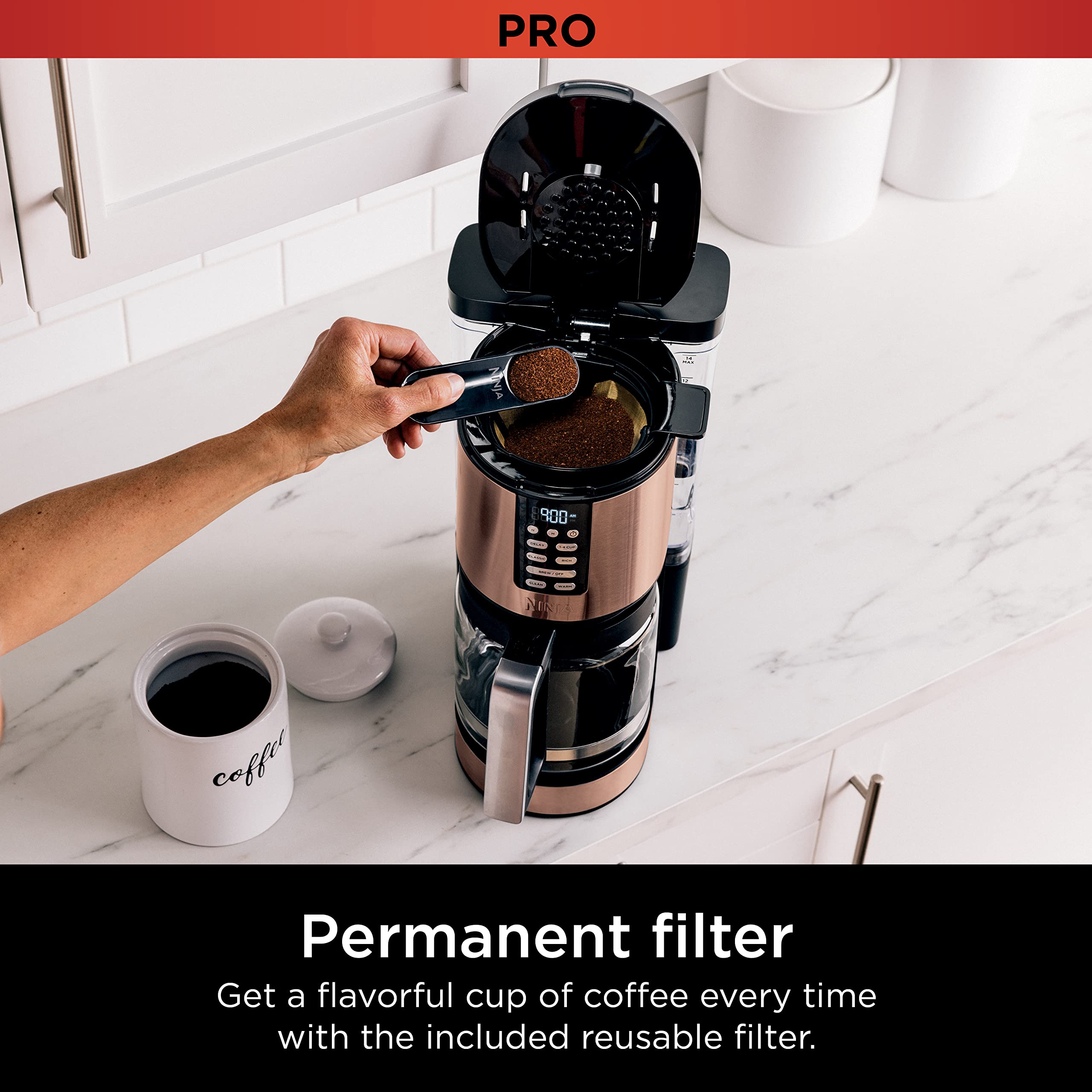 Ninja Dcm201Cp Programmable Xl 14-Cup Coffee Maker Pro With Permanent Filter, 2 Brew Styles Classic & Rich, Delay Brew, Freshnes