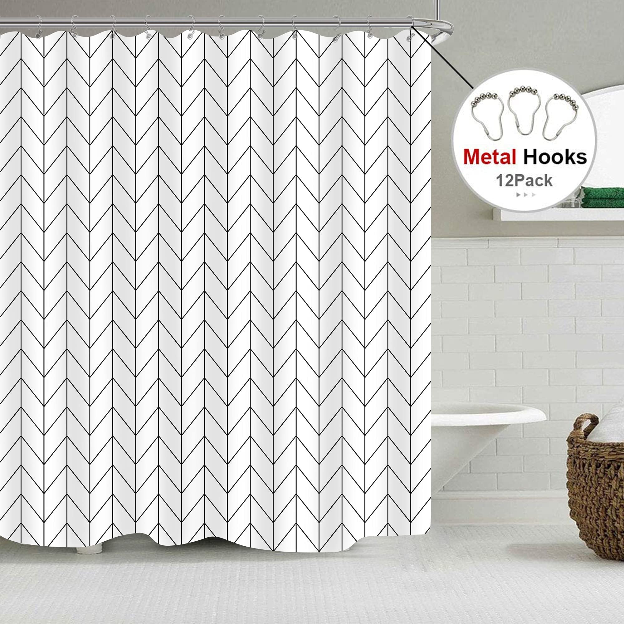 Riyidecor Chevron Shower Curtain Geometric Herringbone 72Wx96H Inch Striped Extra Long Simple Modern Classy Neutral Contemporary 12 Pack Metal Hooks Decor Fabric Bathroom Set Polyester Waterproof