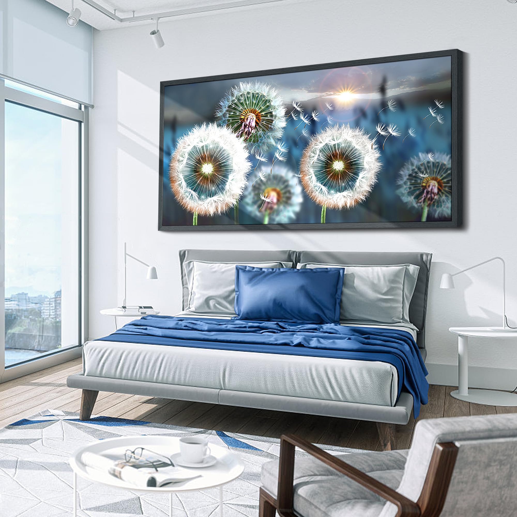 Black Framed Wall Artlarge Wall Art Dandelion Theme Canvas Art Wall Decor For Living Room Abstract White Dandelion Sun Blue Land
