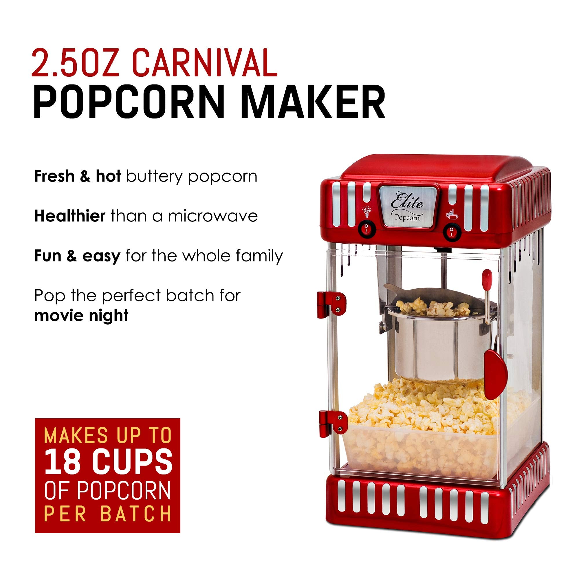 Elite Gourmet Epm-250 Maxi-Matic 2.5 Ounce Classic Carnival, Tabletop Kettle Popcorn Popper Machine, Retro-Style, Movie Hot Butt