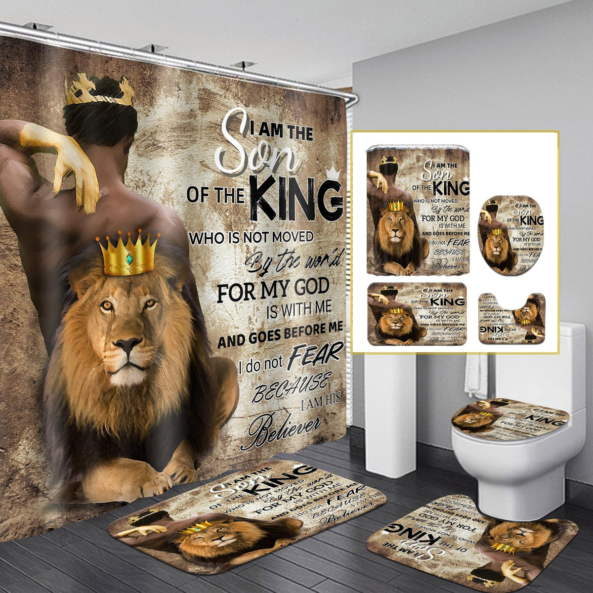 4 Pcs Lion King Shower Curtain Set, Inspirational Quote Black Man Bathroom Shower Curtains And Rugs Toilet Lid Cover Bath Mat, V