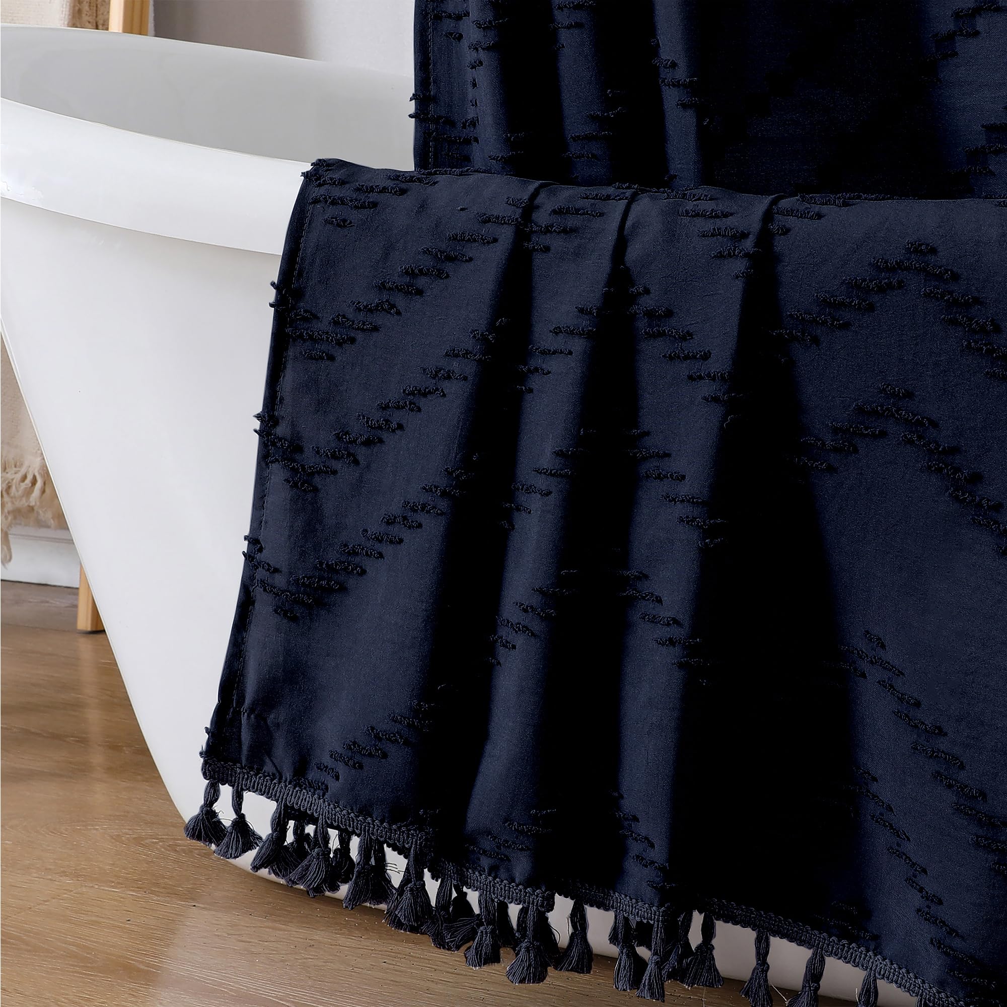 Owenie Extra Long Navy Blue Boho Shower Curtain, Chic Tufted Chevron Striped Textured Fabric Cloth Shower Curtains With Tassel F