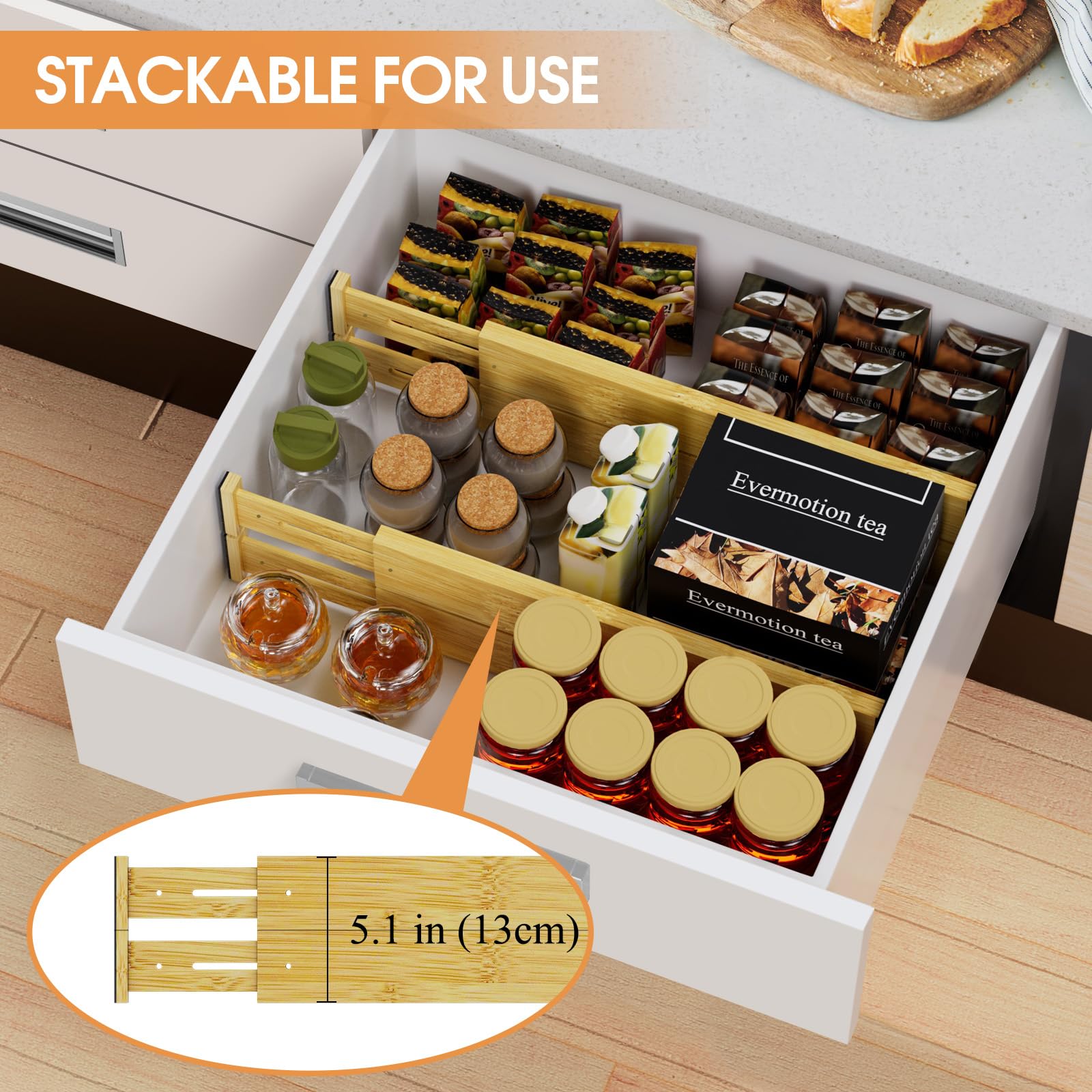 Ryqtop Bamboo Drawer Dividers,17-22'' Adjustable Kitchen Drawer Organizer for Clothes,8 Pack Expandable Drawer Organization Sepa