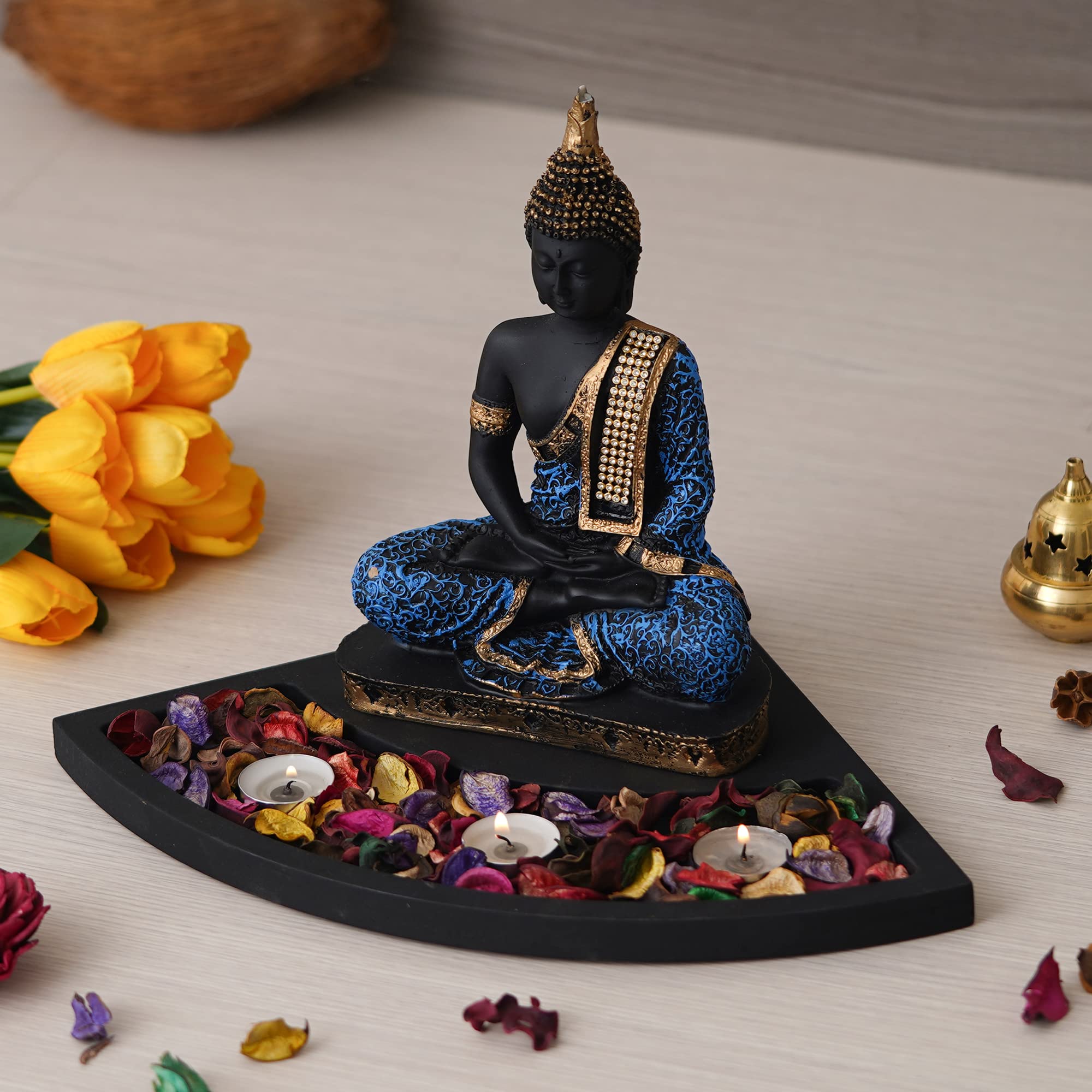 Ecraftindia Blue Resin Meditating Lord Buddha Statue Tea Light Candle Holder| Buddha Idol Tea Light Holder Diwali Decoration Ite