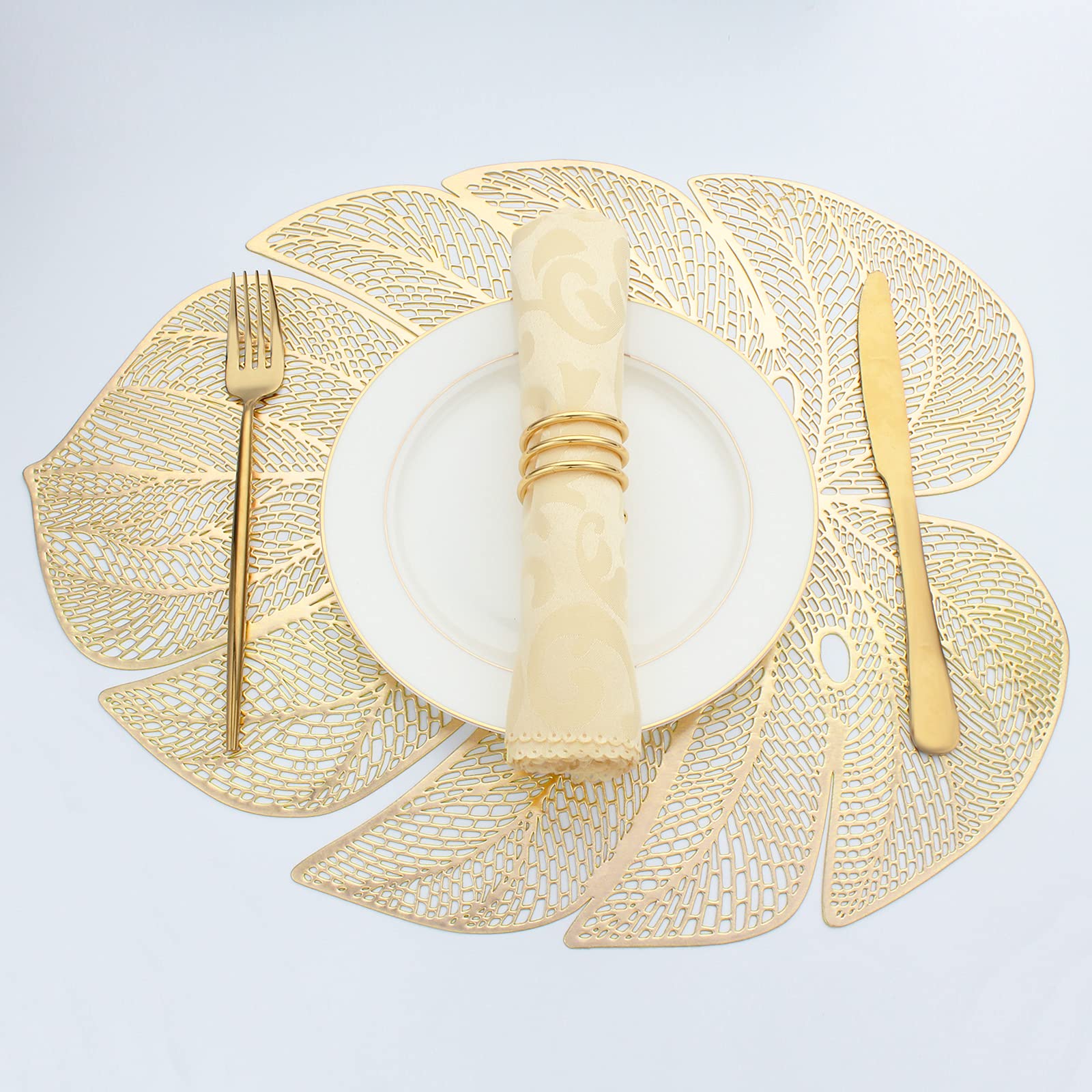 Evevda Gold Leaf Shaped Vinyl Placemats For Dinner Table Set Of 8 Metallic Plastic Gold Place Mats Wipeable 6Pcs Table Mats For