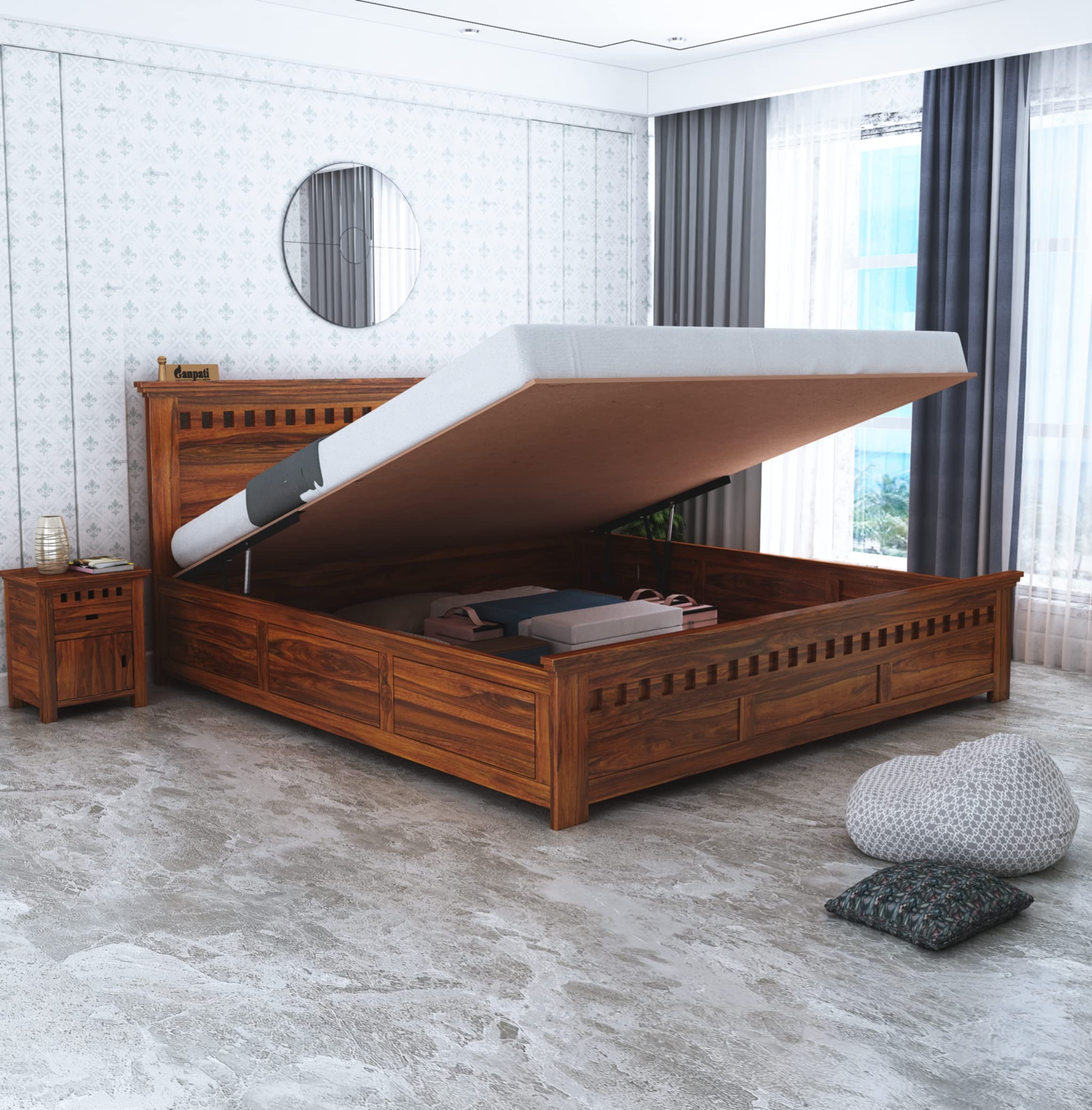 Ganpati Arts Solid Sheesham Wood Armania Queen Size Bed With Hydraulic Storage For Bedroom Living Room Solid Wooden Furniture Do