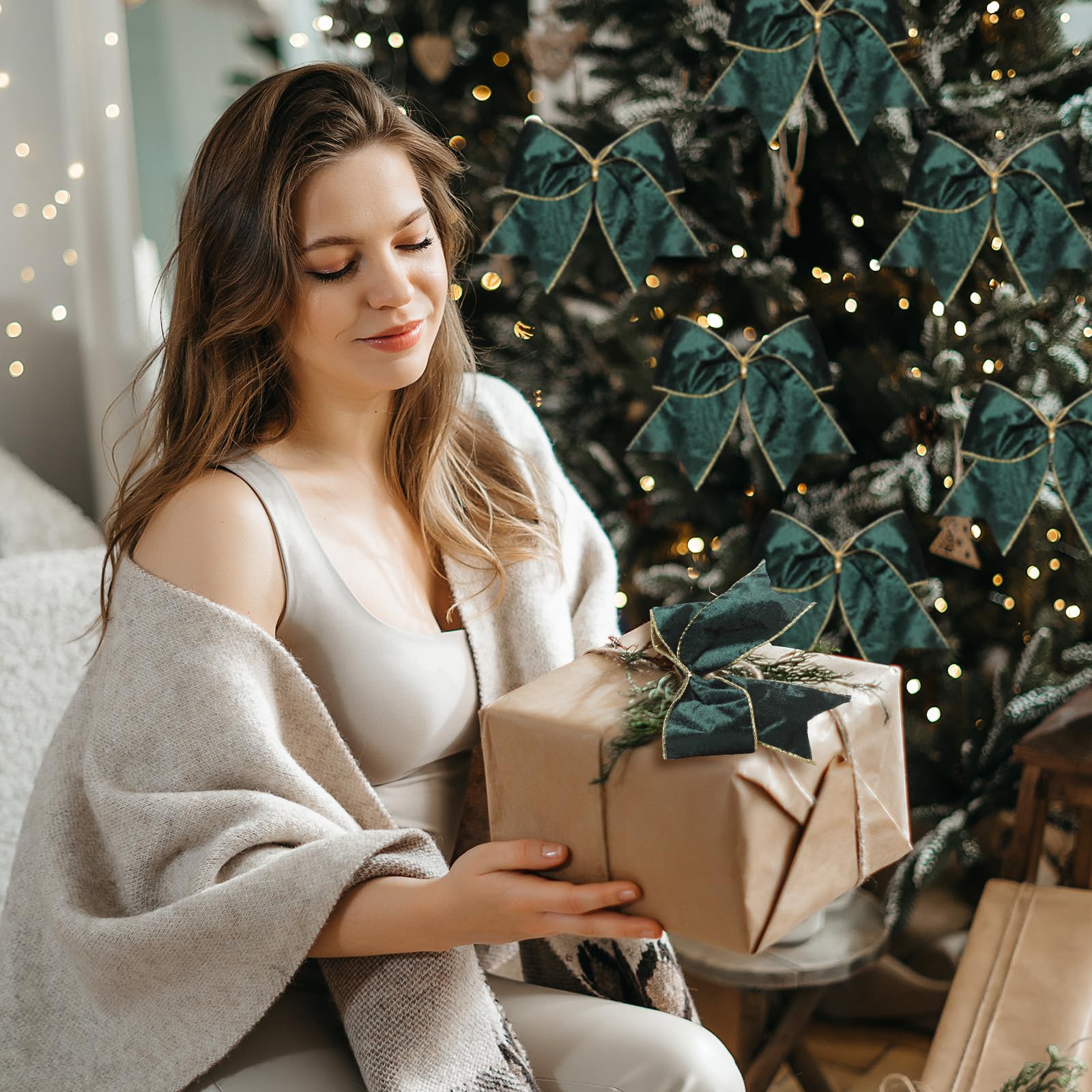 Panelee 12 Pcs Sage Green Velvet Christmas Bows 6 x 6 in Wreath Bow Christmas Tree Decorations Ornaments for Hanukkah Xmas Tree