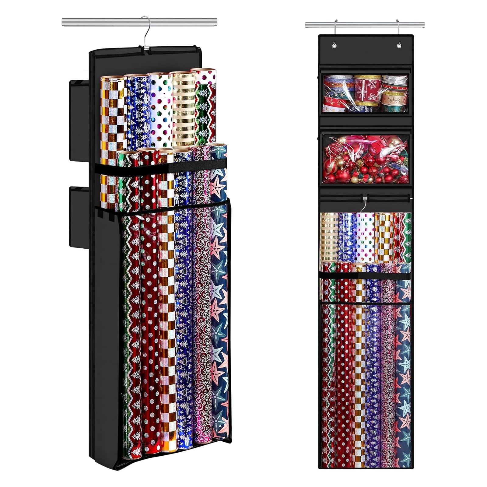 Wrapping Paper Organizer Storage, Double-Sided Hanging Gift Wrap Roll Holder For Christmas, 63''X13'' Over Door Present Bag Cont