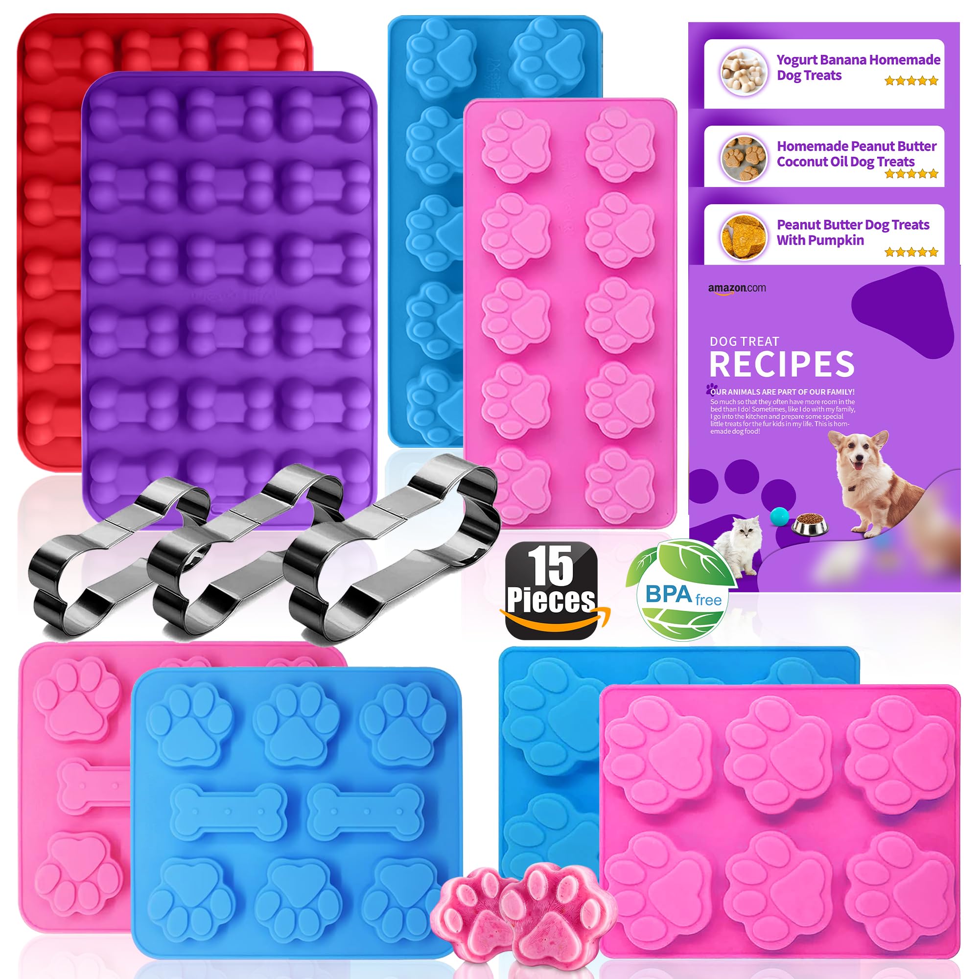 Rugvomwm Homemade Silicone Dog Treat Molds - Dog Treat Cookie Cutters - Dog Treat Recipes Card, Food Grade Silicone Molds For Ca