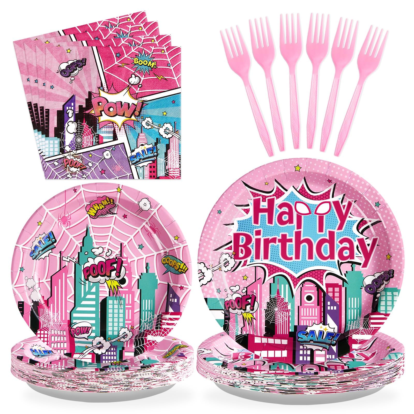 Grencian 96 Pcs Pink Spider Birthday Party Supplies Super Girl Hero Paper Plates and Napkins Spider Pink Ghost Decorations Table