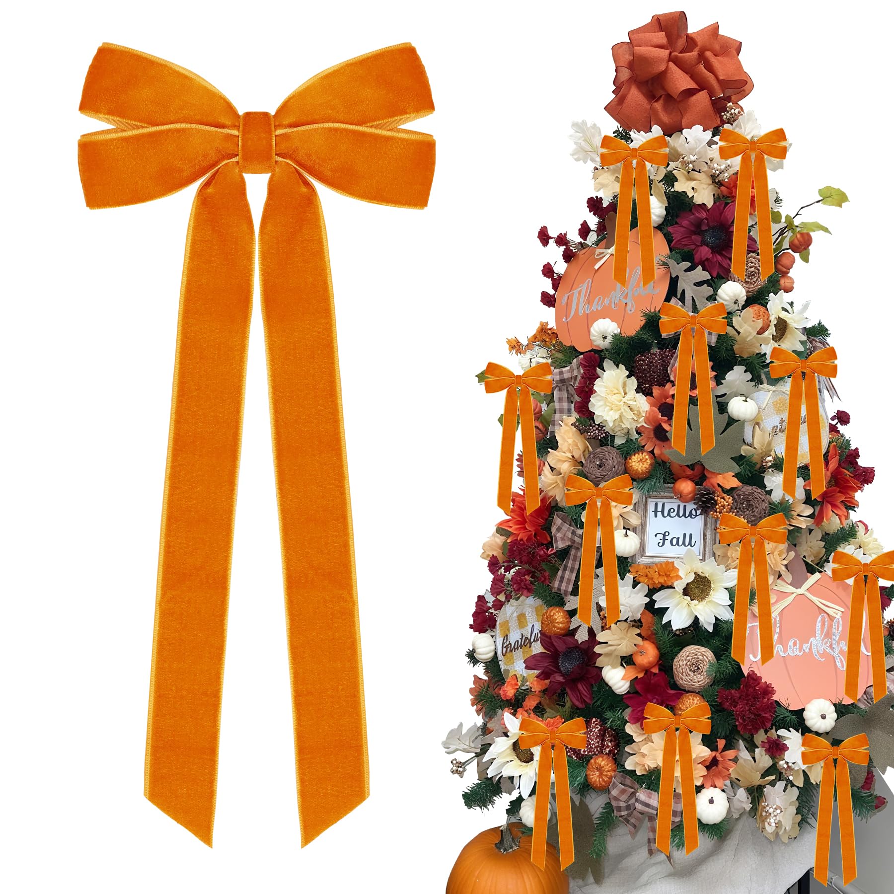 12Pcs Fall Velvet Ribbon Bows Tree Decorations,5in x 10in Orange Christmas Ornaments for Tree Home Thanksgiving Party Front Door